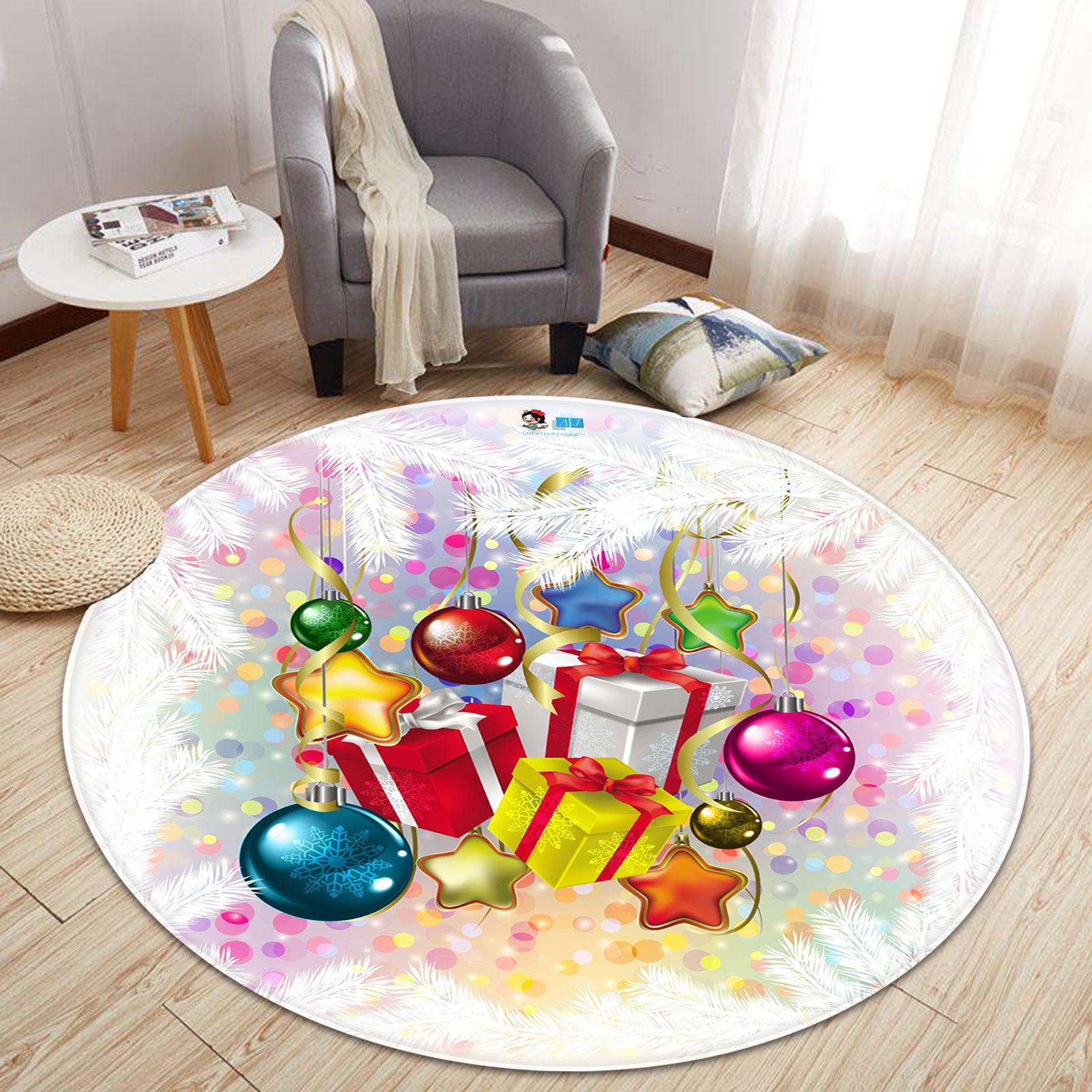 3D Gift Box Colorful Balls 66032 Christmas Round Non Slip Rug Mat Xmas