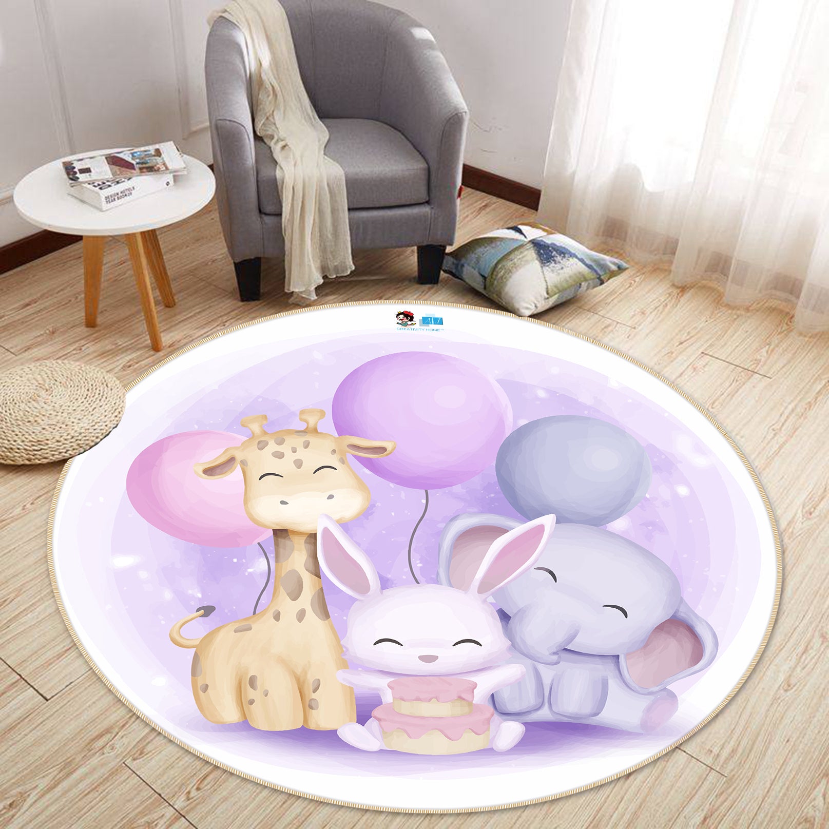 3D Balloon Giraffe Rabbit Elephant 74293 Round Non Slip Rug Mat