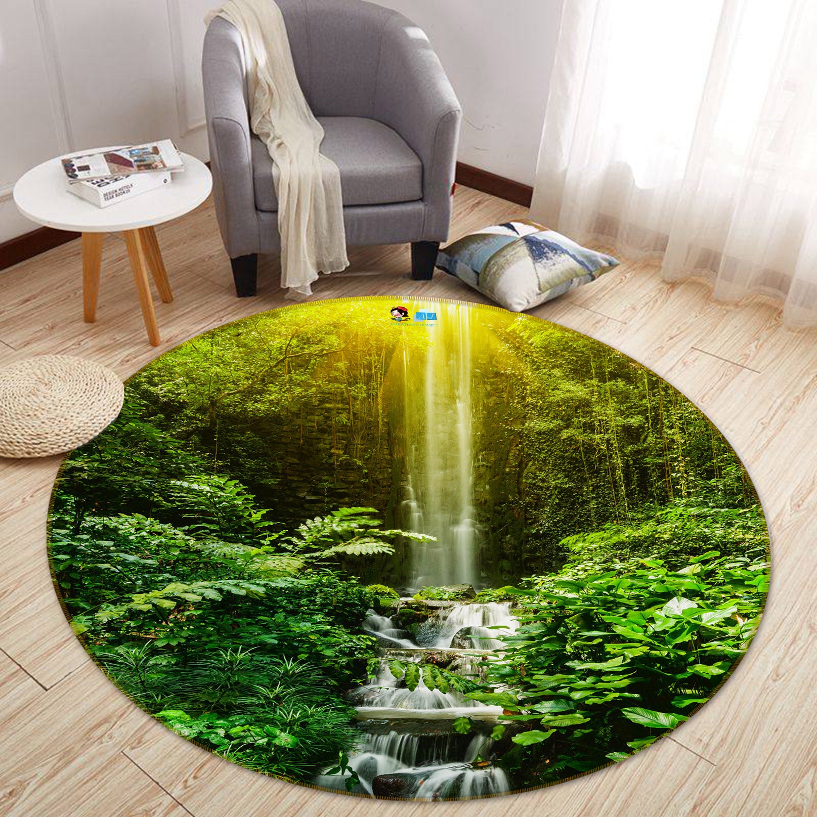 3D Jungle Waterfall 69052 Round Non Slip Rug Mat