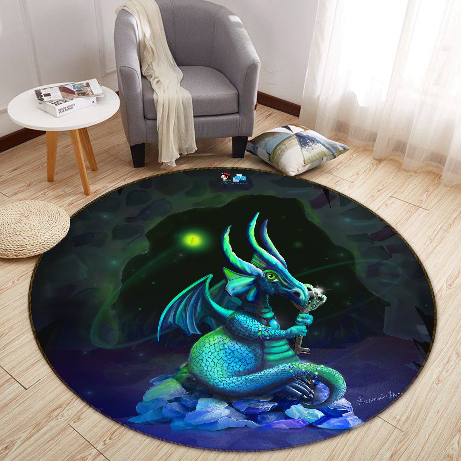3D Blue-Green Dinosaur 83153 Rose Catherine Khan Rug Round Non Slip Rug Mat