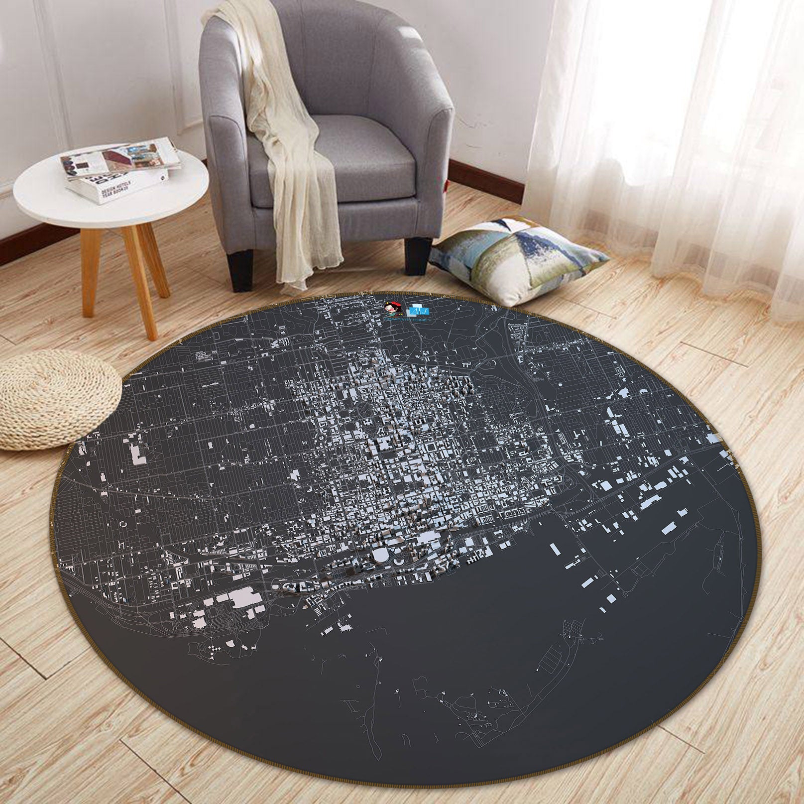 3D Black White Map 73030 Round Non Slip Rug Mat