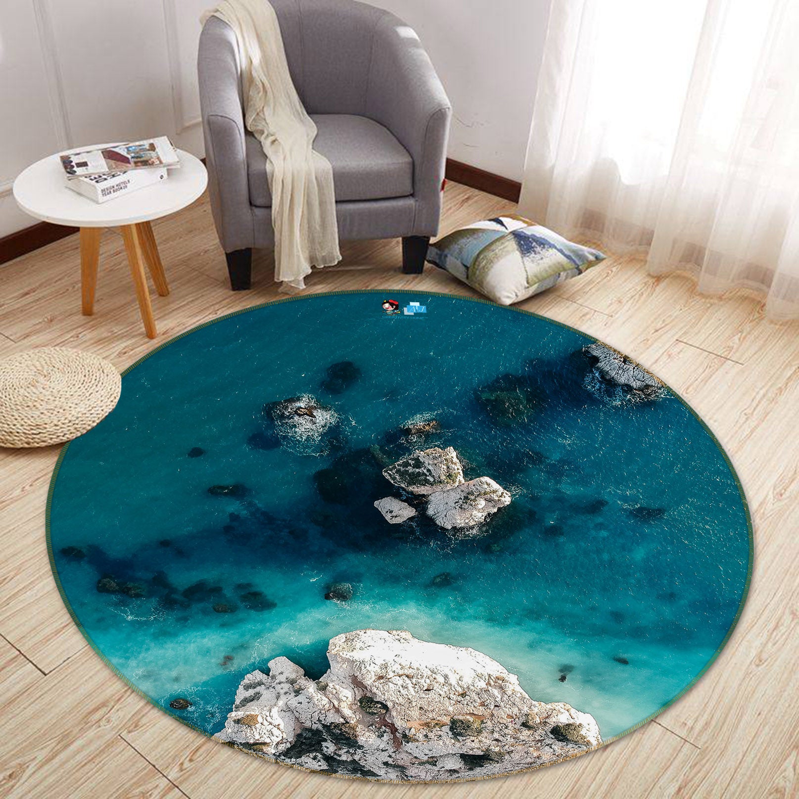 3D Seawater Stone 69118 Round Non Slip Rug Mat