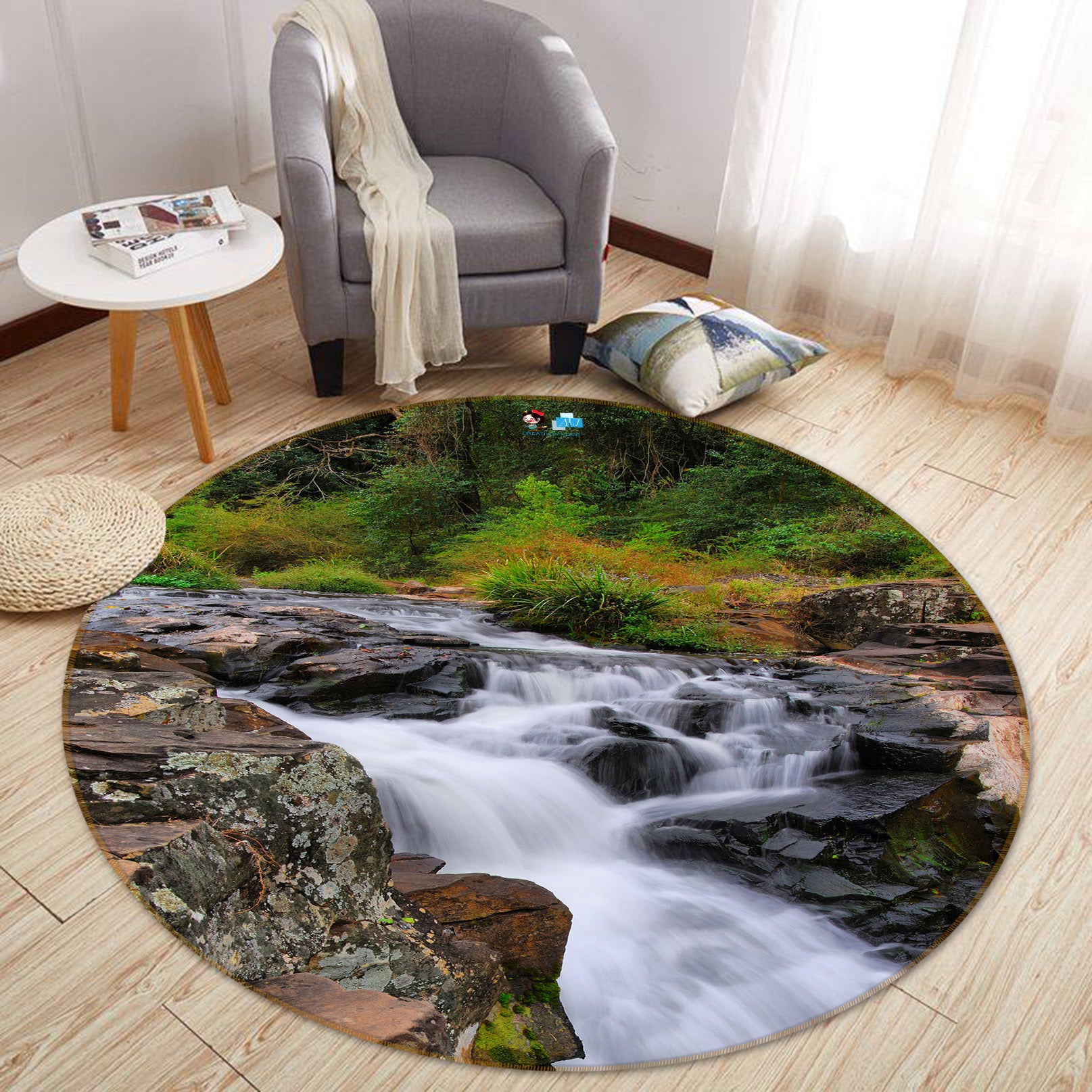 3D Mountain Running Water 69049 Round Non Slip Rug Mat