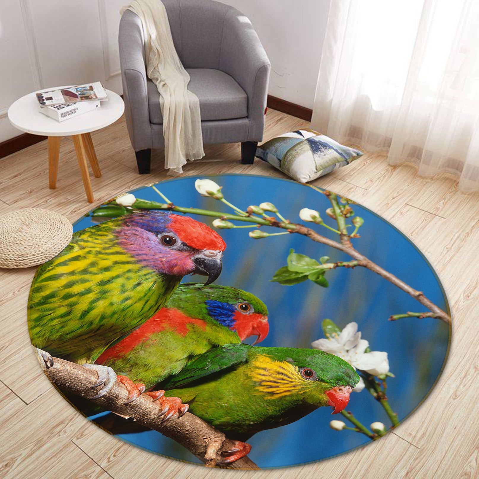3D Flower Branch Bird 82029 Animal Round Non Slip Rug Mat