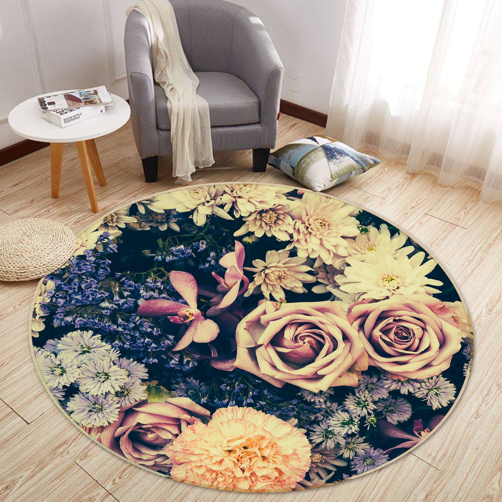 3D Flowers 29097 Round Non Slip Rug Mat
