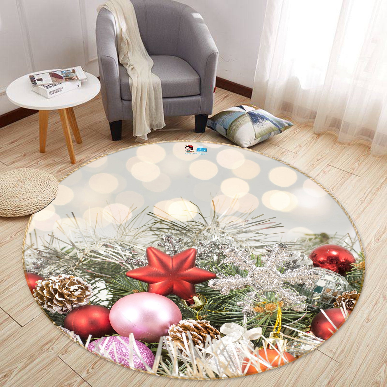 3D Branch Pendant 54028 Christmas Round Non Slip Rug Mat Xmas