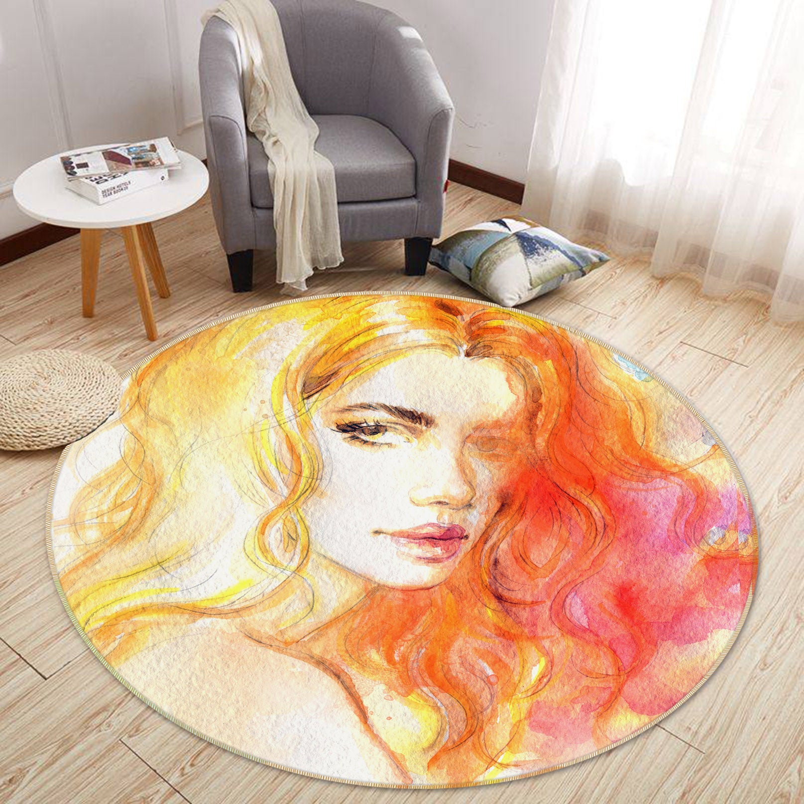 3D Girl Curly Hair 37028 Round Non Slip Rug Mat