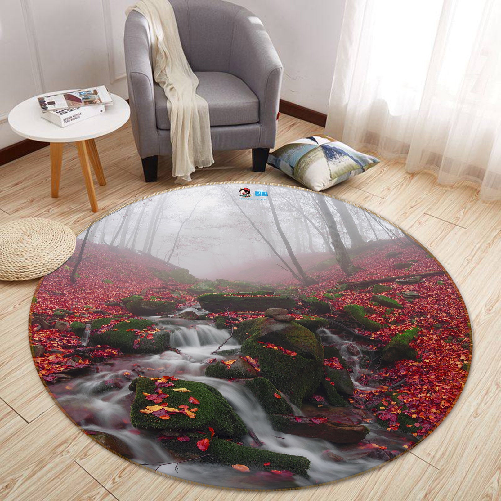 3D Maple Leaf Running Water 69064 Round Non Slip Rug Mat