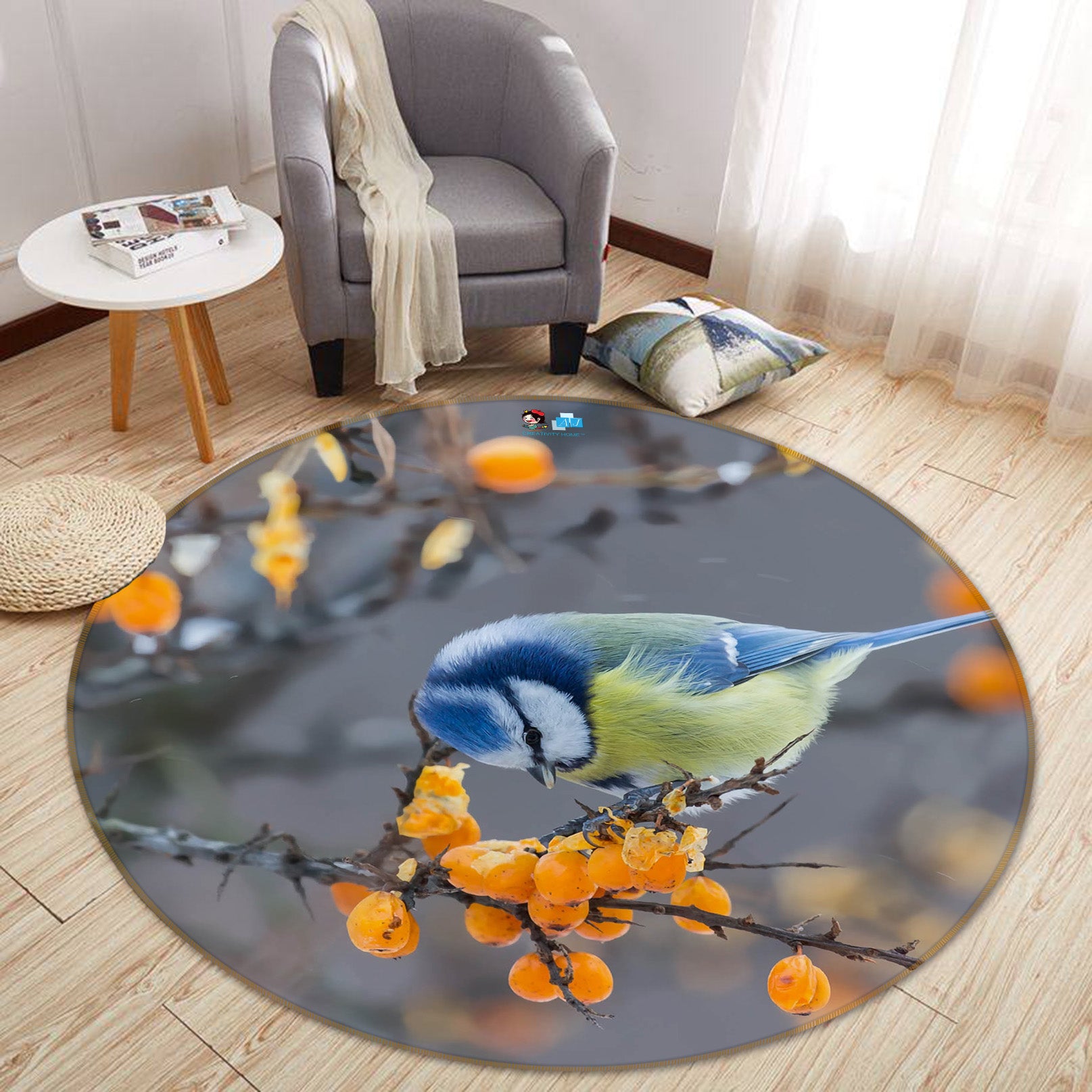 3D Flower Branch Bird 75031 Round Non Slip Rug Mat