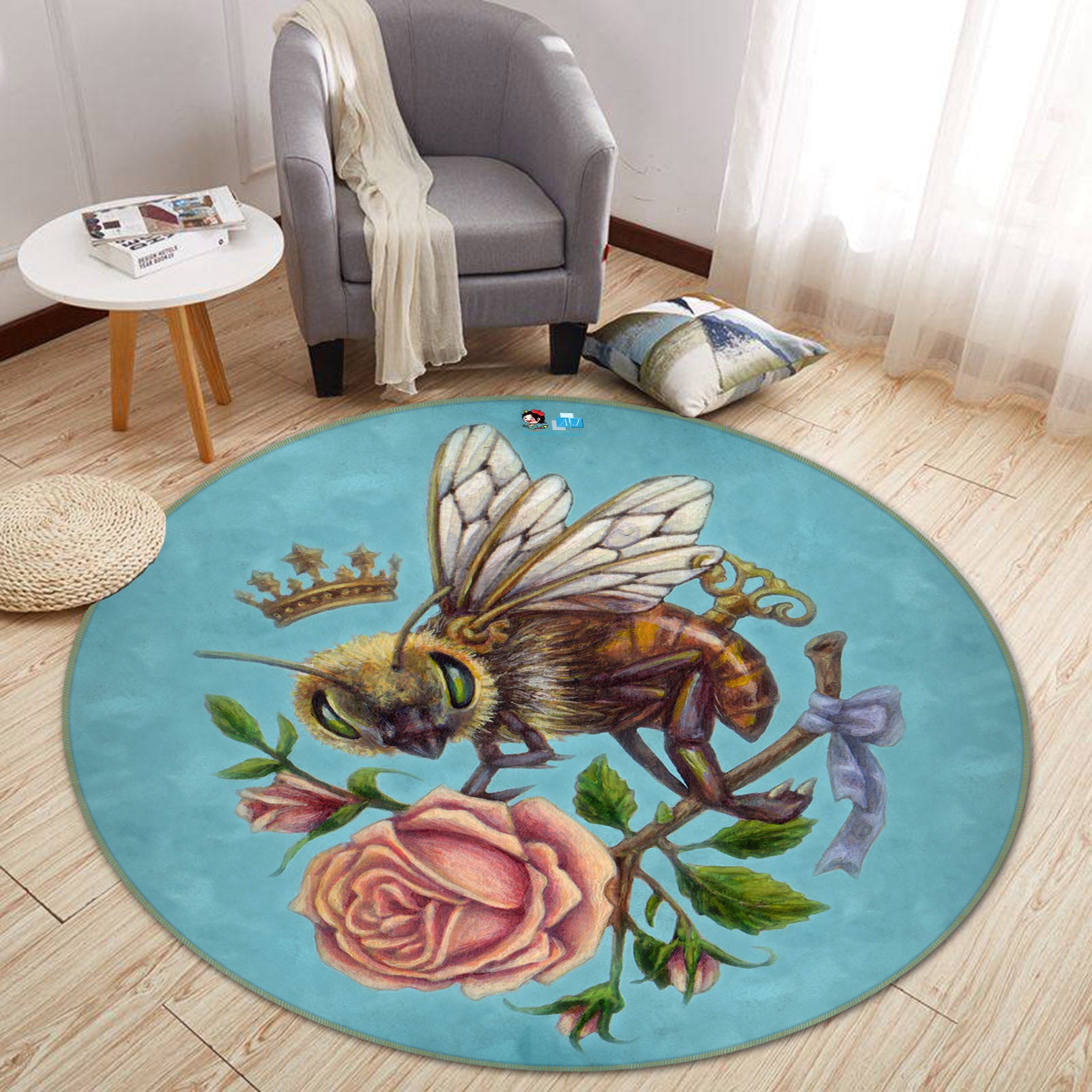 3D Pink Rose Bee 8909 Brigid Ashwood Rug Round Non Slip Rug Mat