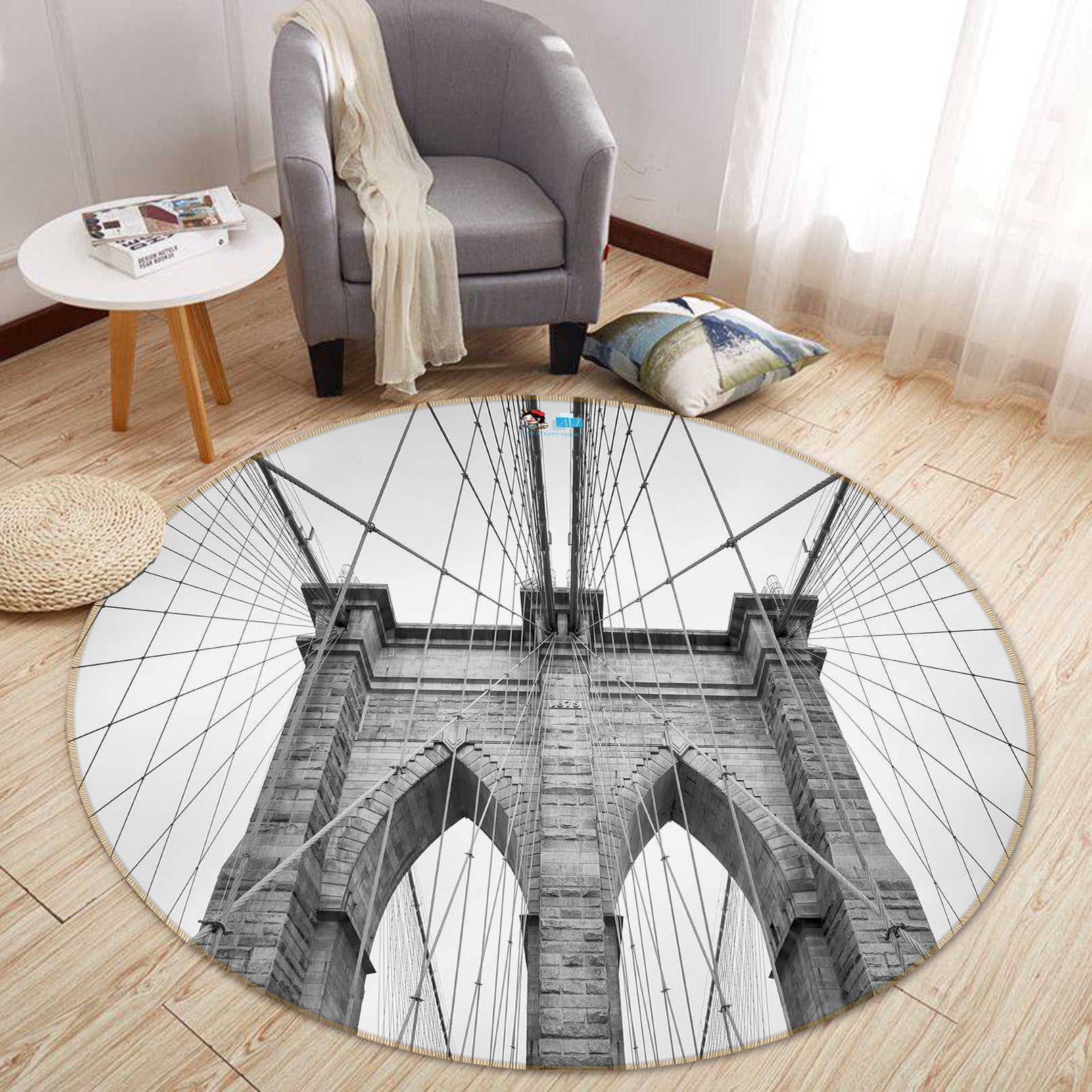 3D Black Ash Bridge 73022 Round Non Slip Rug Mat