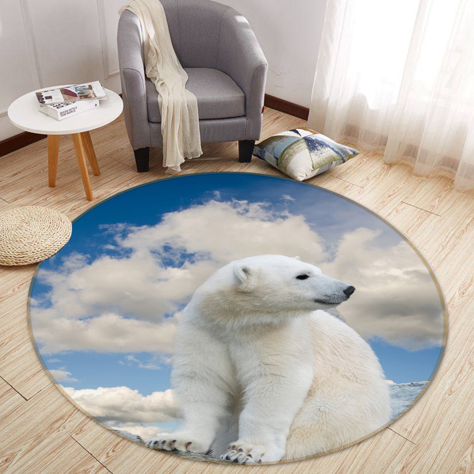 3D Polar Bear Sky 37231 Animal Round Non Slip Rug Mat