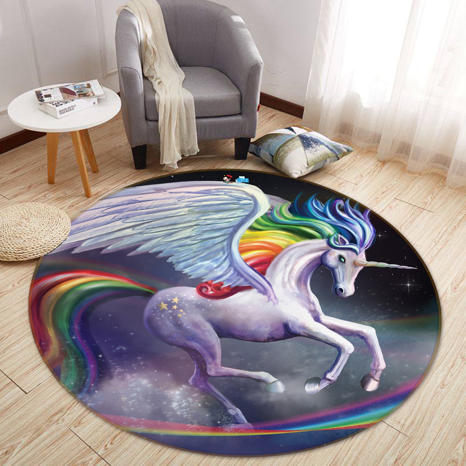 3D Unicorn Rainbow 83165 Rose Catherine Khan Rug Round Non Slip Rug Mat