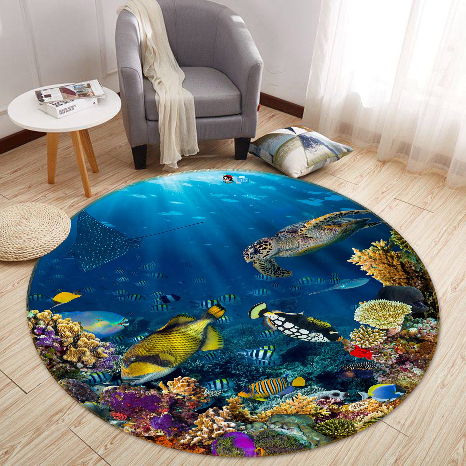 3D Seabed Fish 69075 Round Non Slip Rug Mat