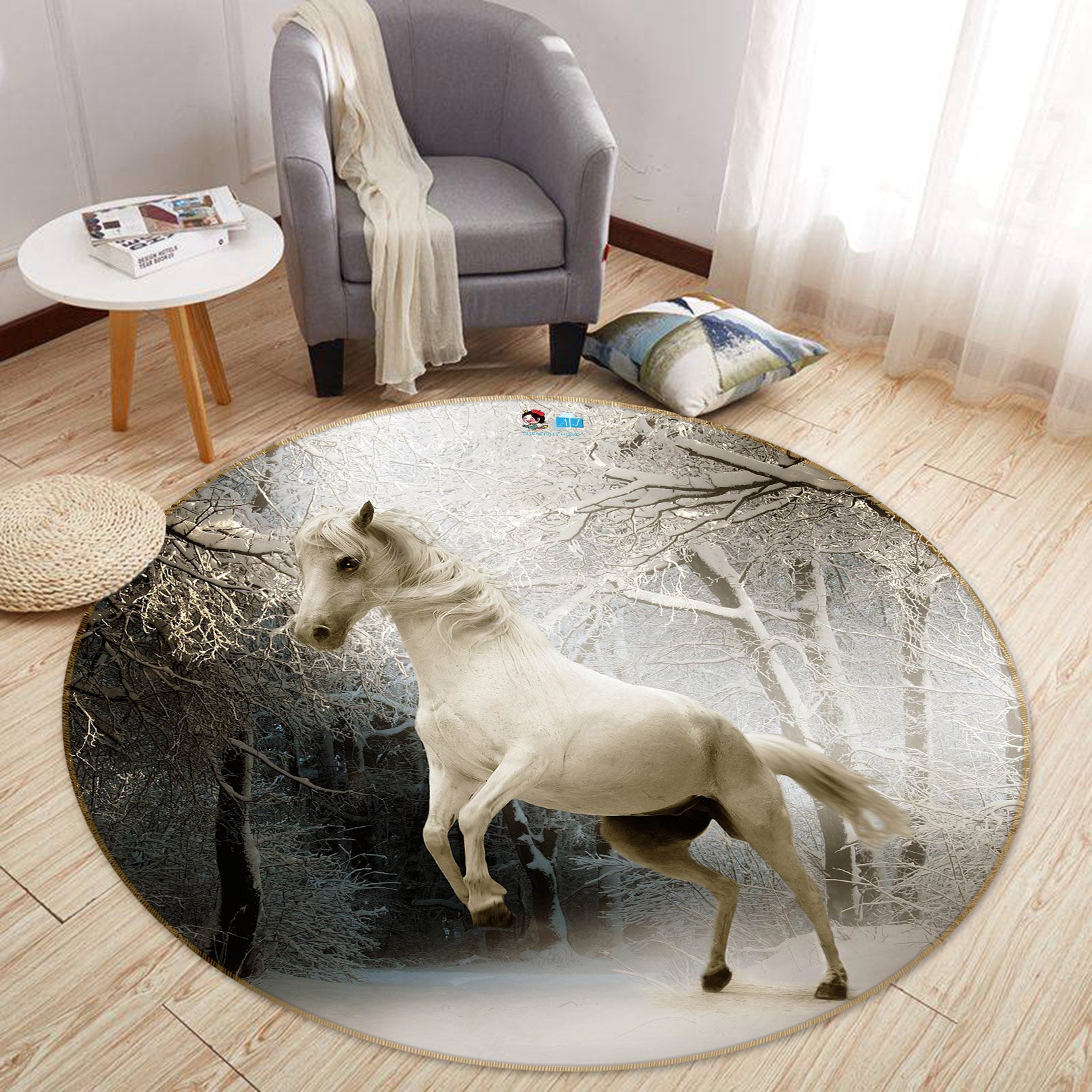 3D Snowfield White Horse 72298 Round Non Slip Rug Mat