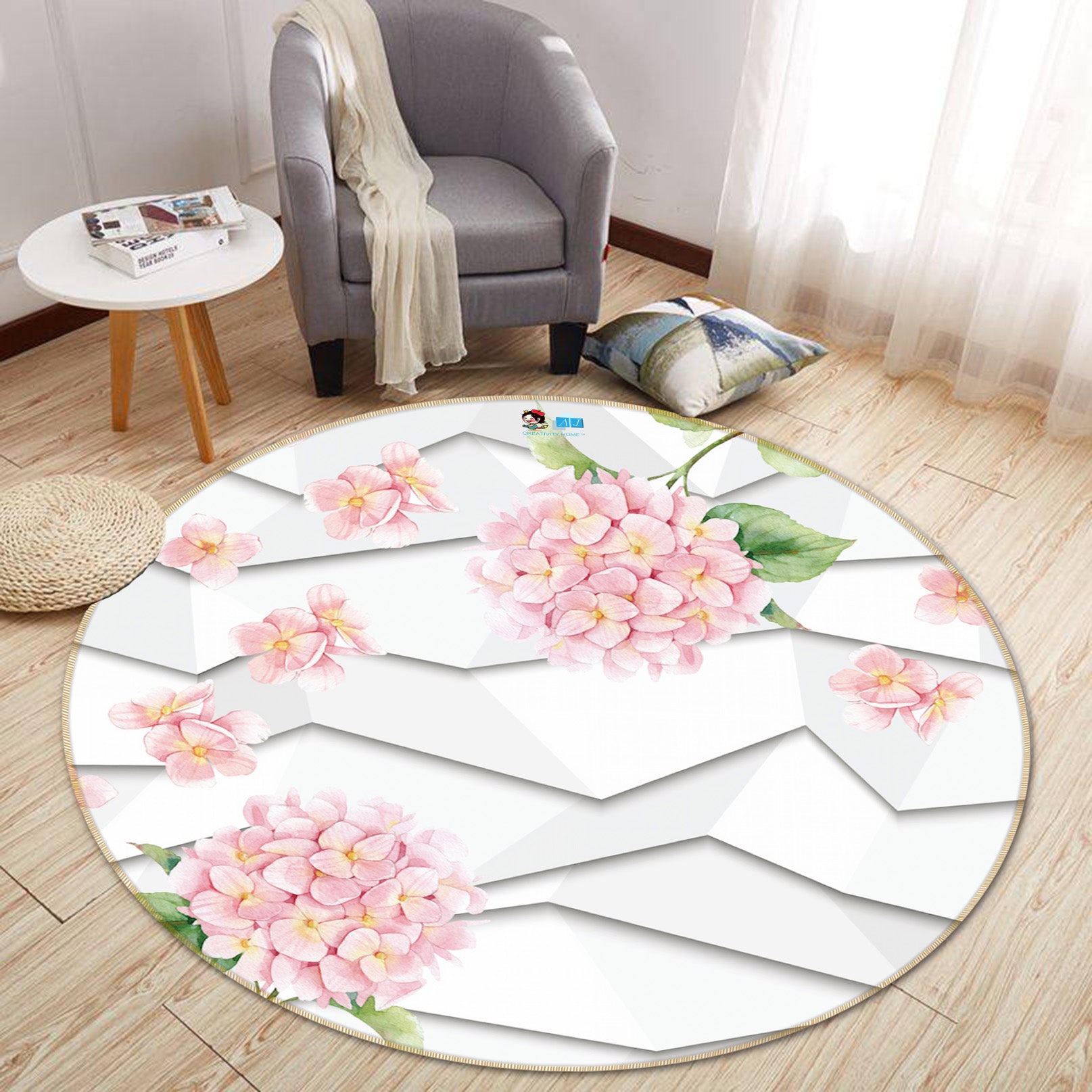 3D Pink Flower 66162 Round Non Slip Rug Mat