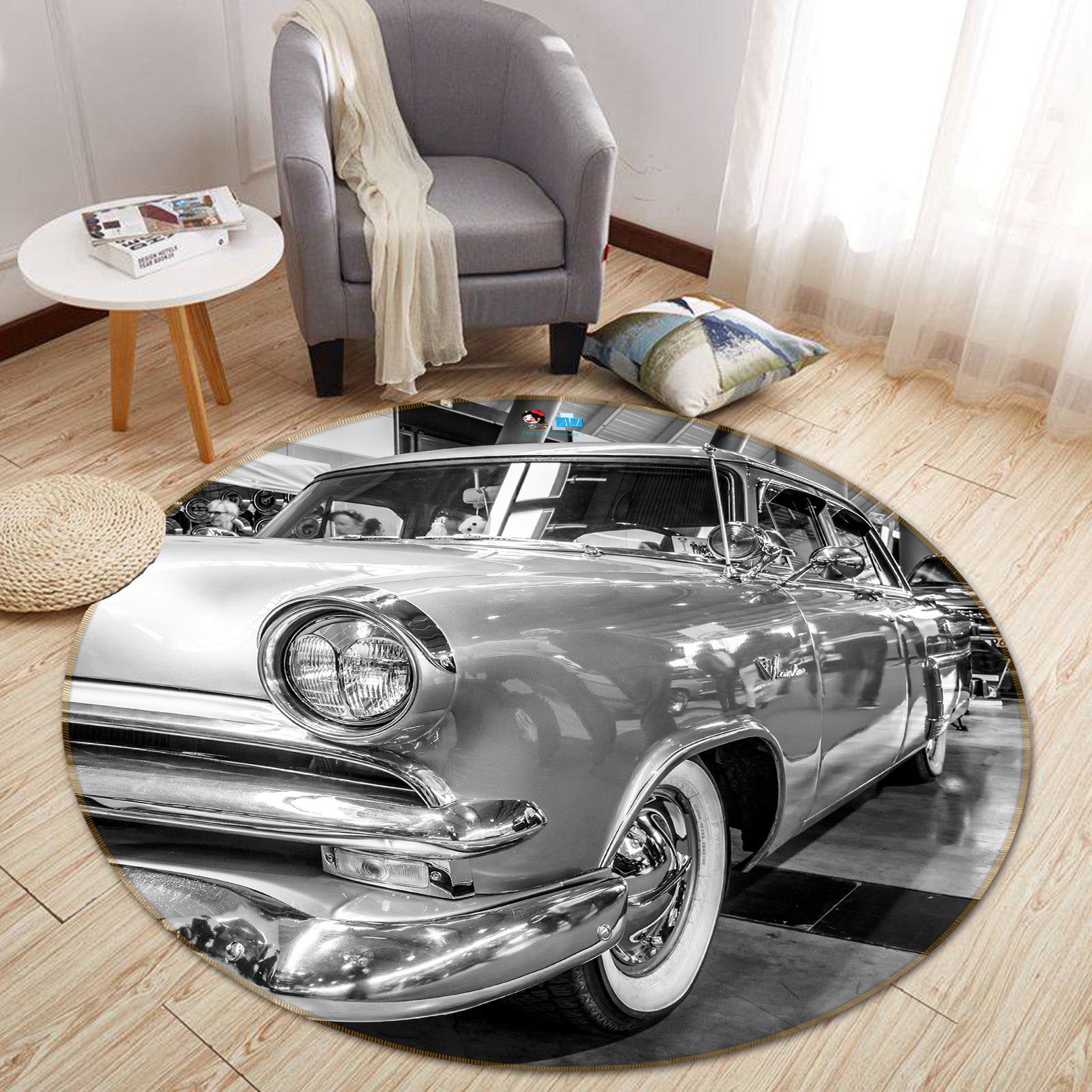 3D Black White Car 74182 Round Non Slip Rug Mat