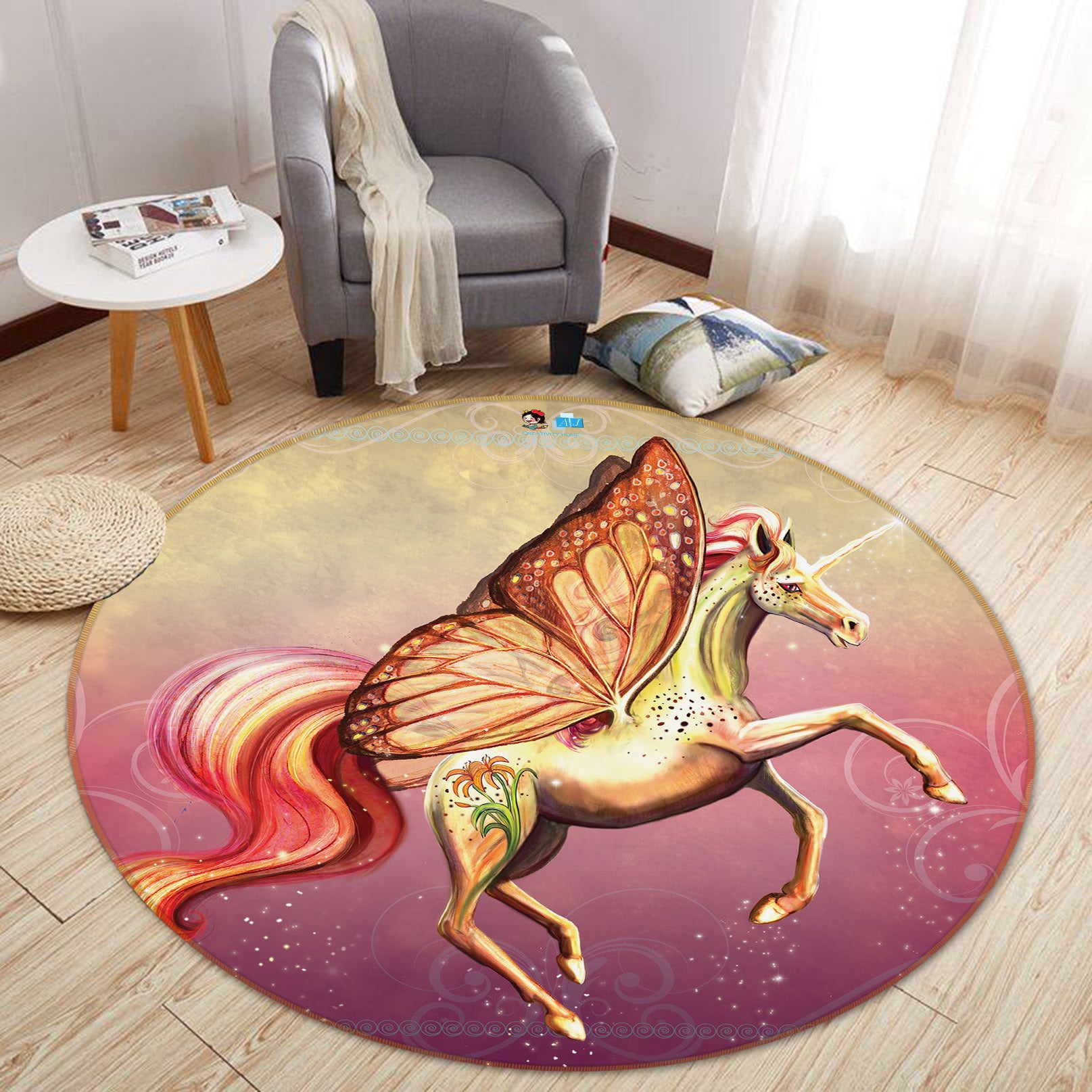 3D Butterfly Unicorn 83155 Rose Catherine Khan Rug Round Non Slip Rug Mat