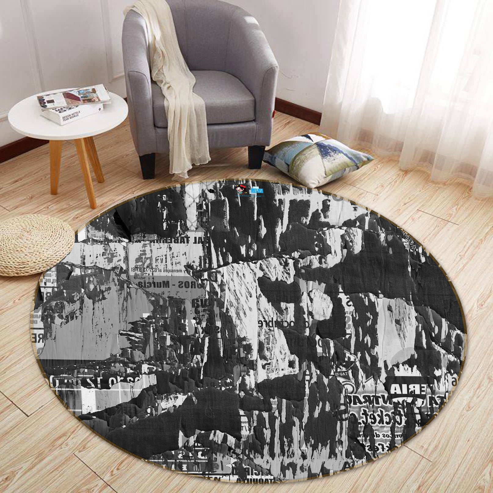 3D Black White Mountaint 75112 Round Non Slip Rug Mat