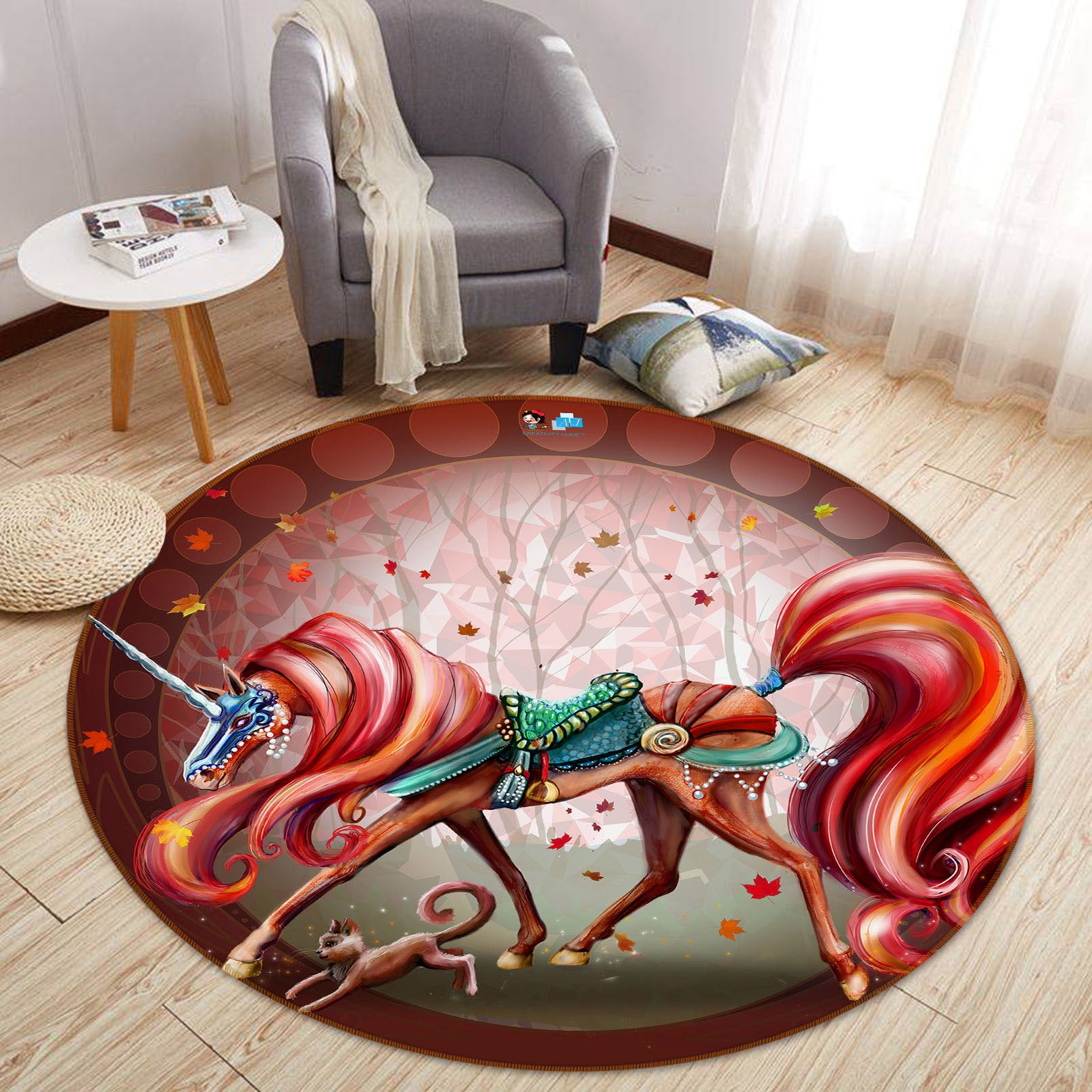 3D Unicorn In Autumn 46894 Rose Catherine Khan Rug Round Non Slip Rug Mat