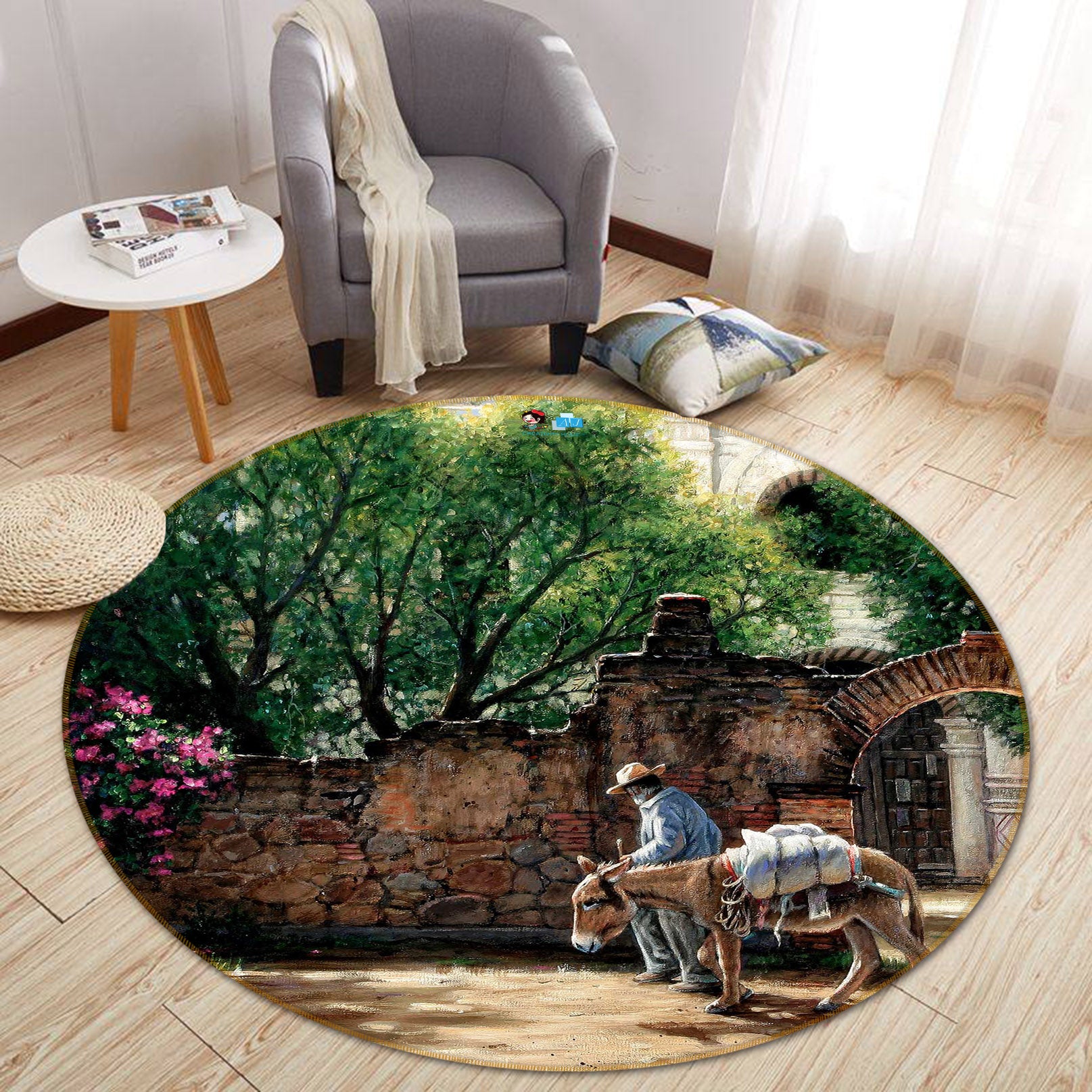 3D Wall Tree Donkey 66210 Round Non Slip Rug Mat