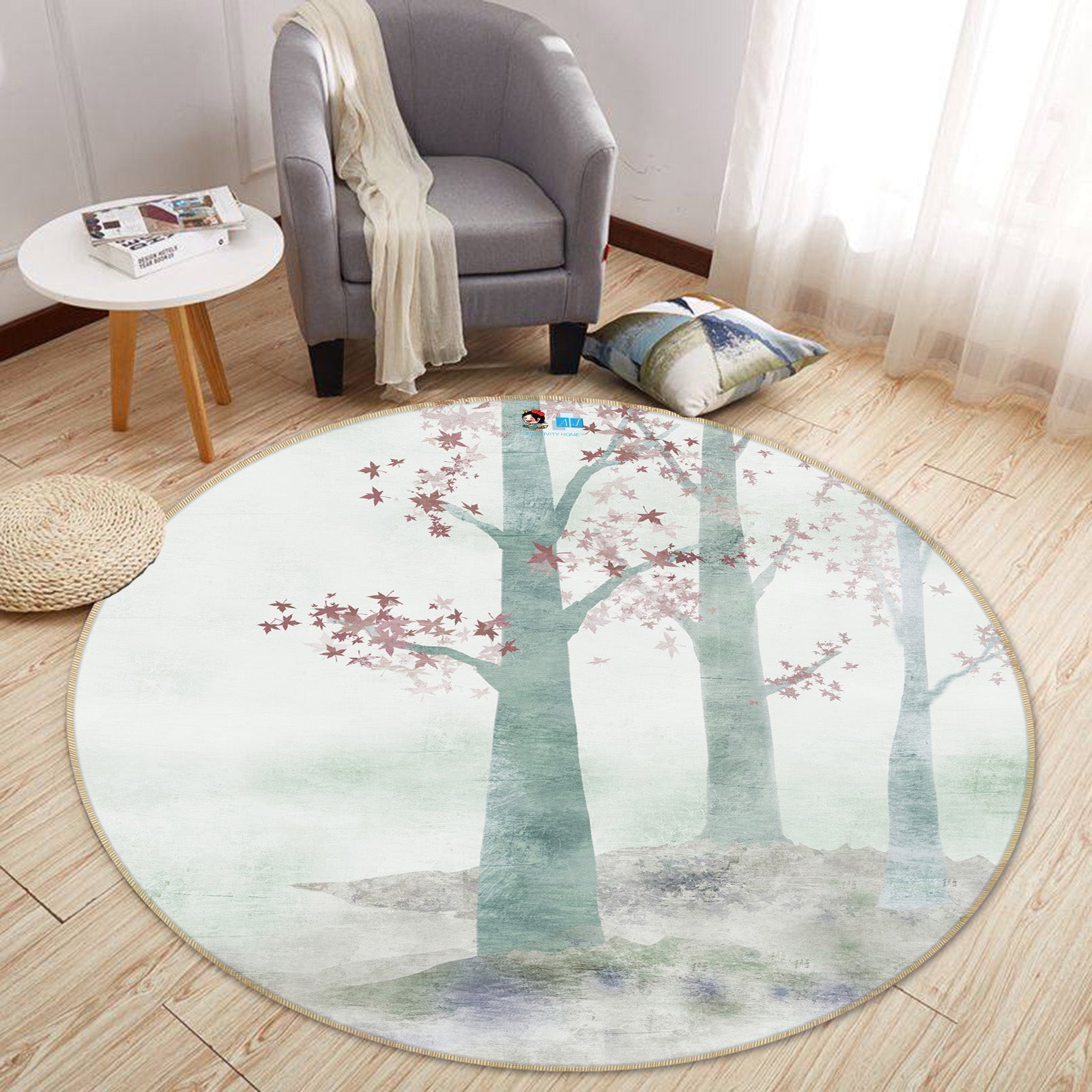 3D Misty Trees 74066 Round Non Slip Rug Mat