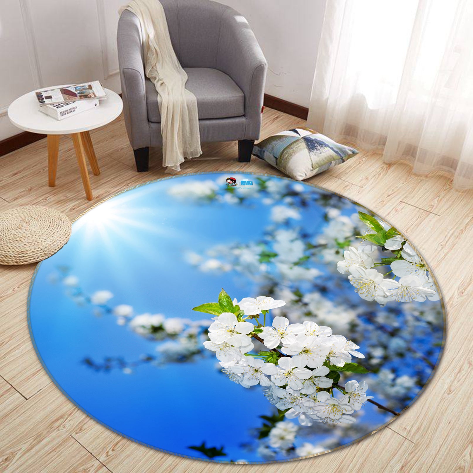 3D Small White Flowers 66177 Round Non Slip Rug Mat