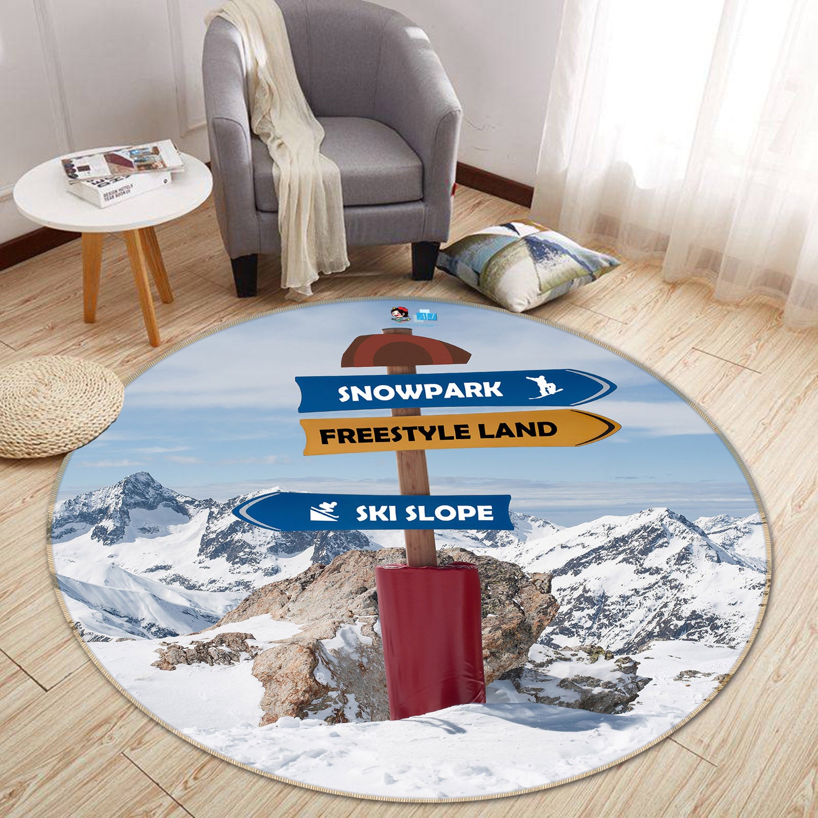 3D Road Sign Snow Mountain 74156 Round Non Slip Rug Mat