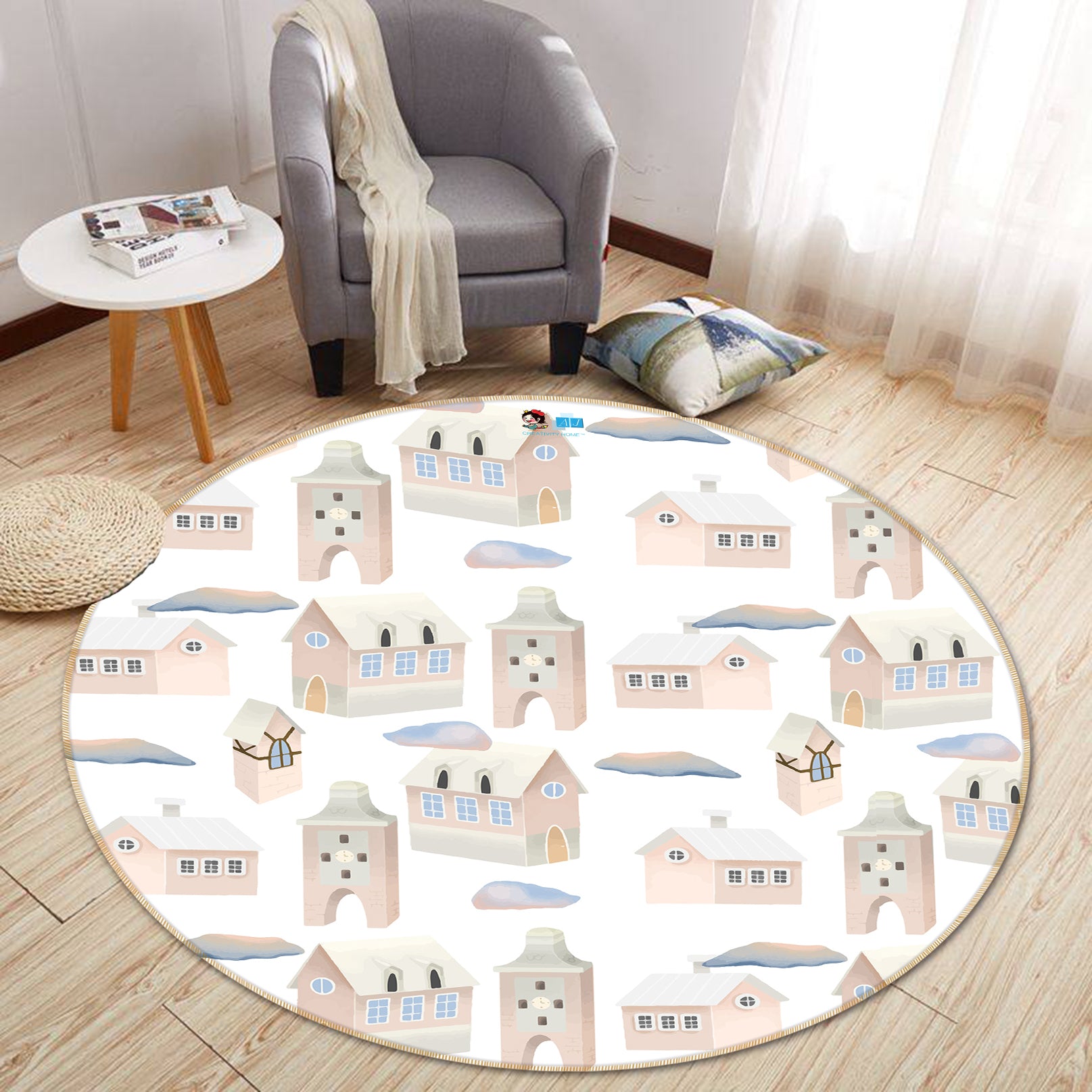 3D House Building Pattern 81148 Round Non Slip Rug Mat
