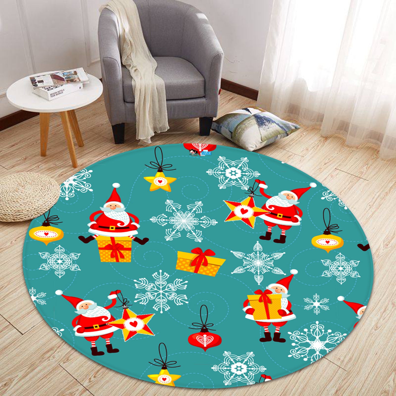 3D Santa Snowflake Pattern 66024 Christmas Round Non Slip Rug Mat Xmas