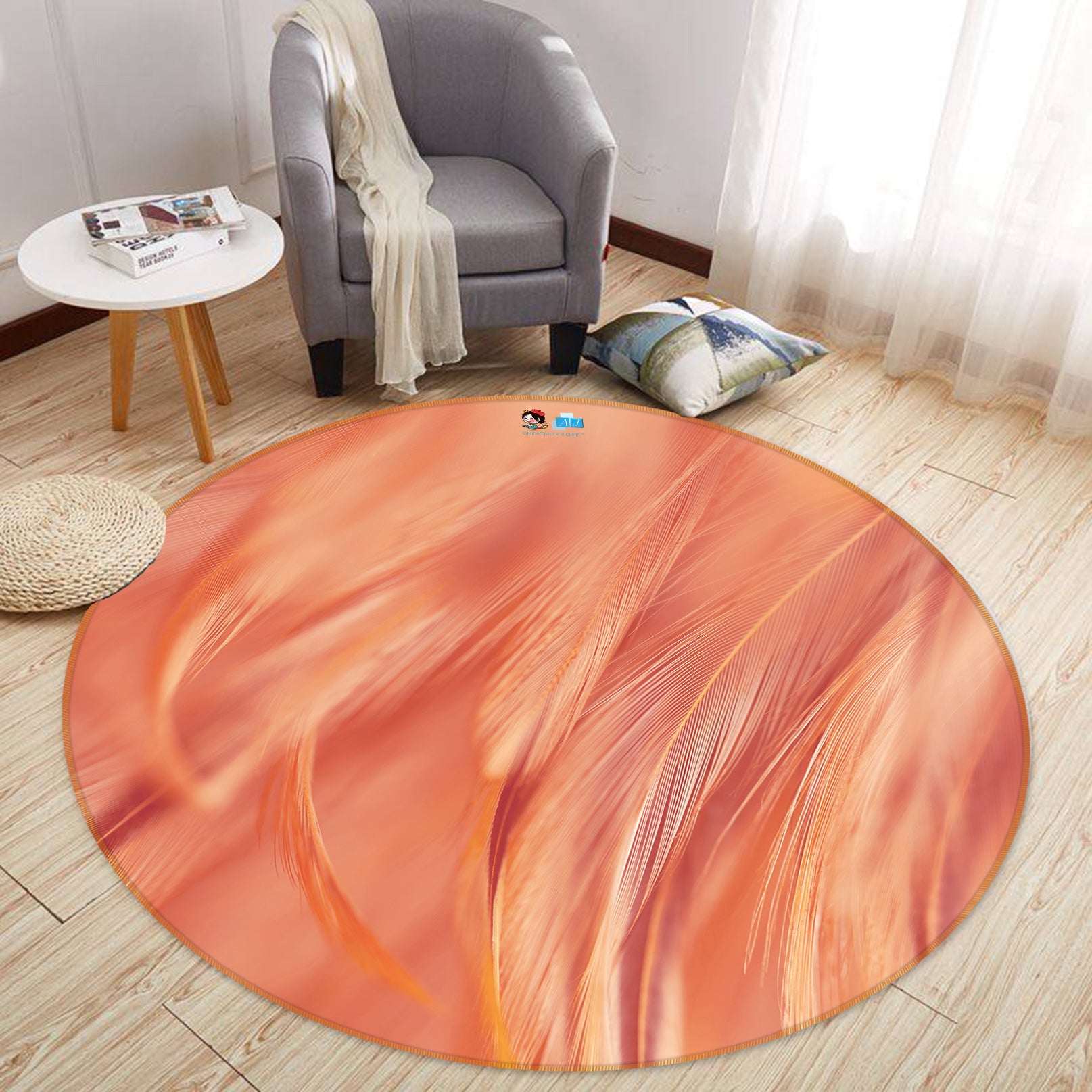3D Orange Feather 81219 Round Non Slip Rug Mat