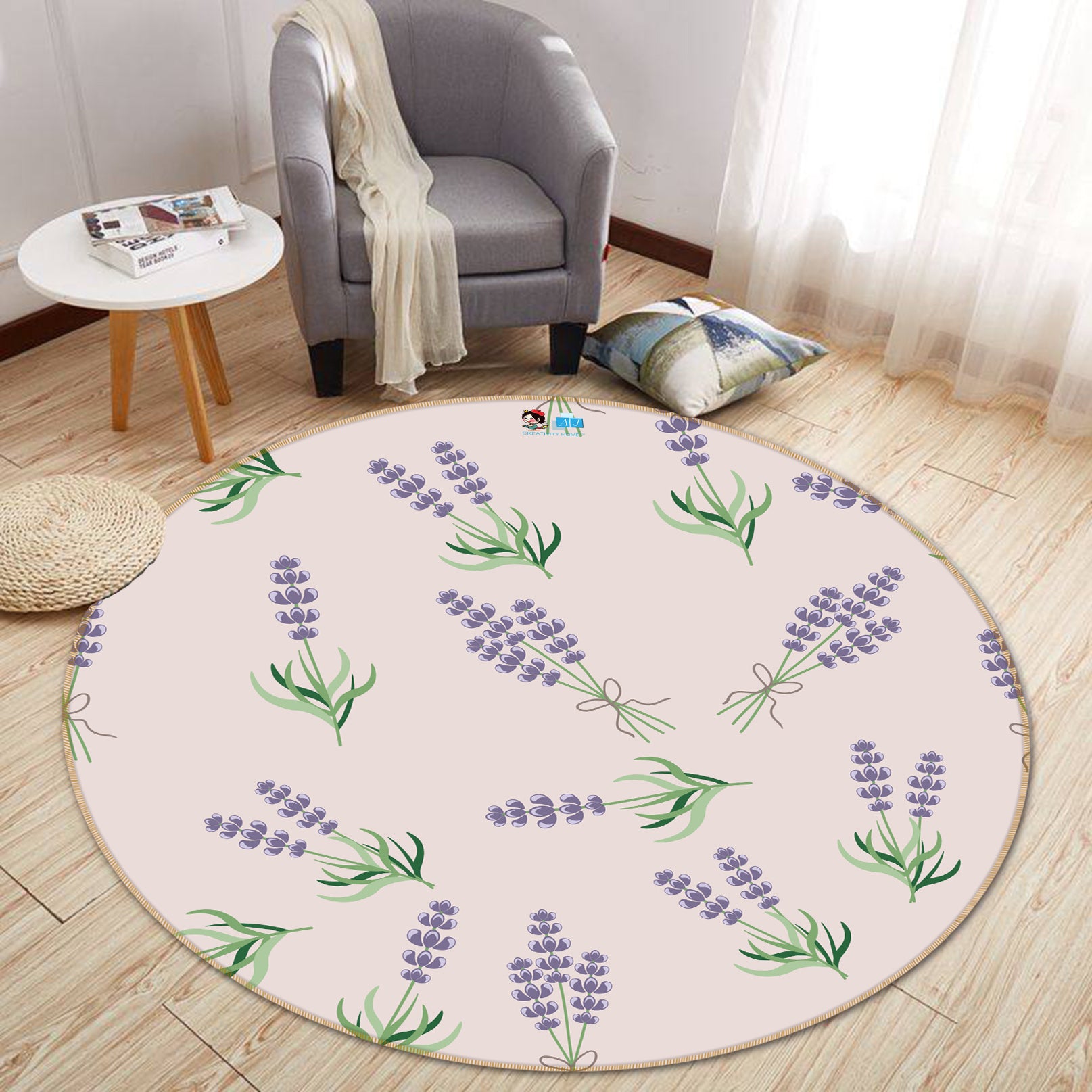 3D Purple Flowers 64108 Round Non Slip Rug Mat