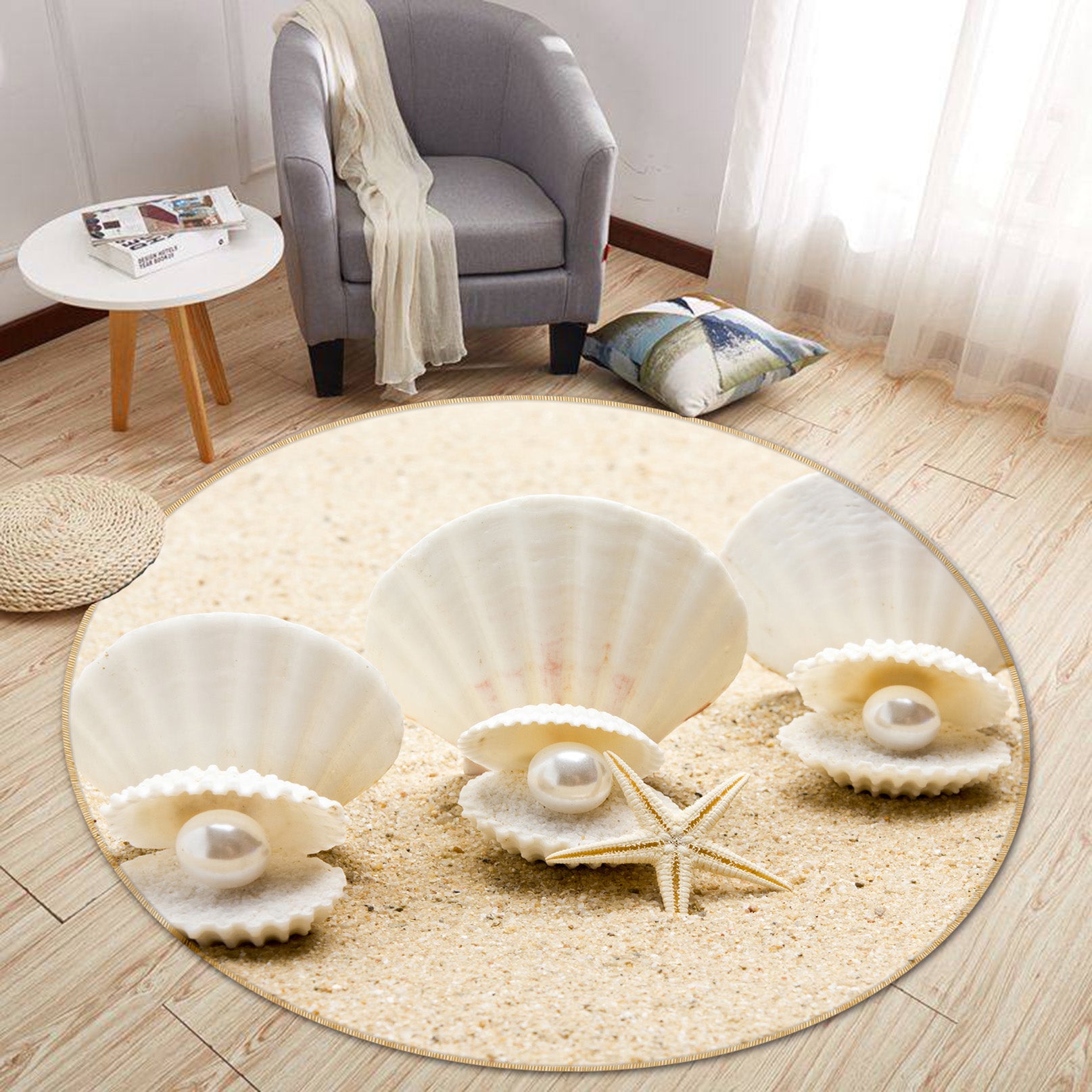 3D Shell Pearl 71184 Round Non Slip Rug Mat