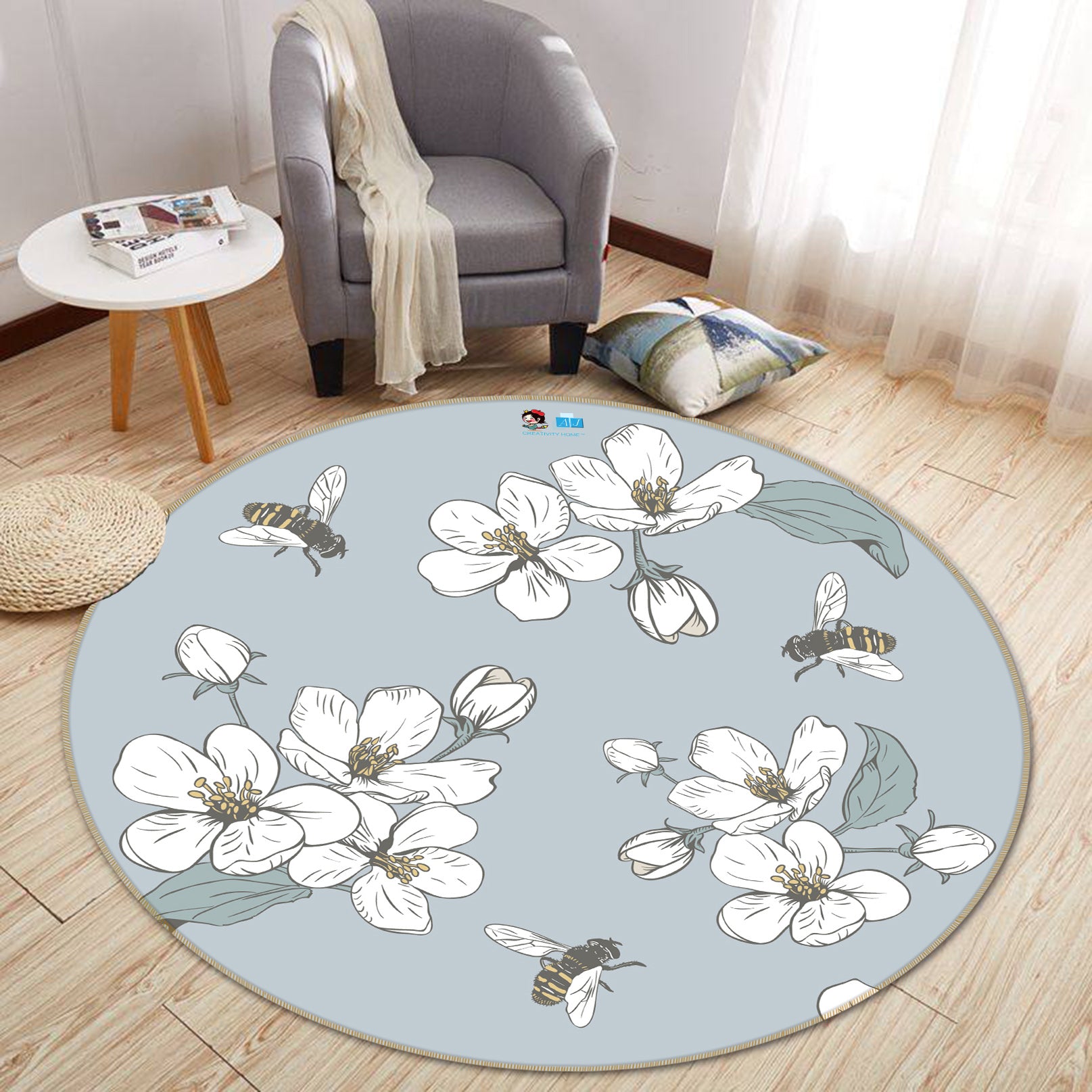 3D White Flower 64178 Round Non Slip Rug Mat