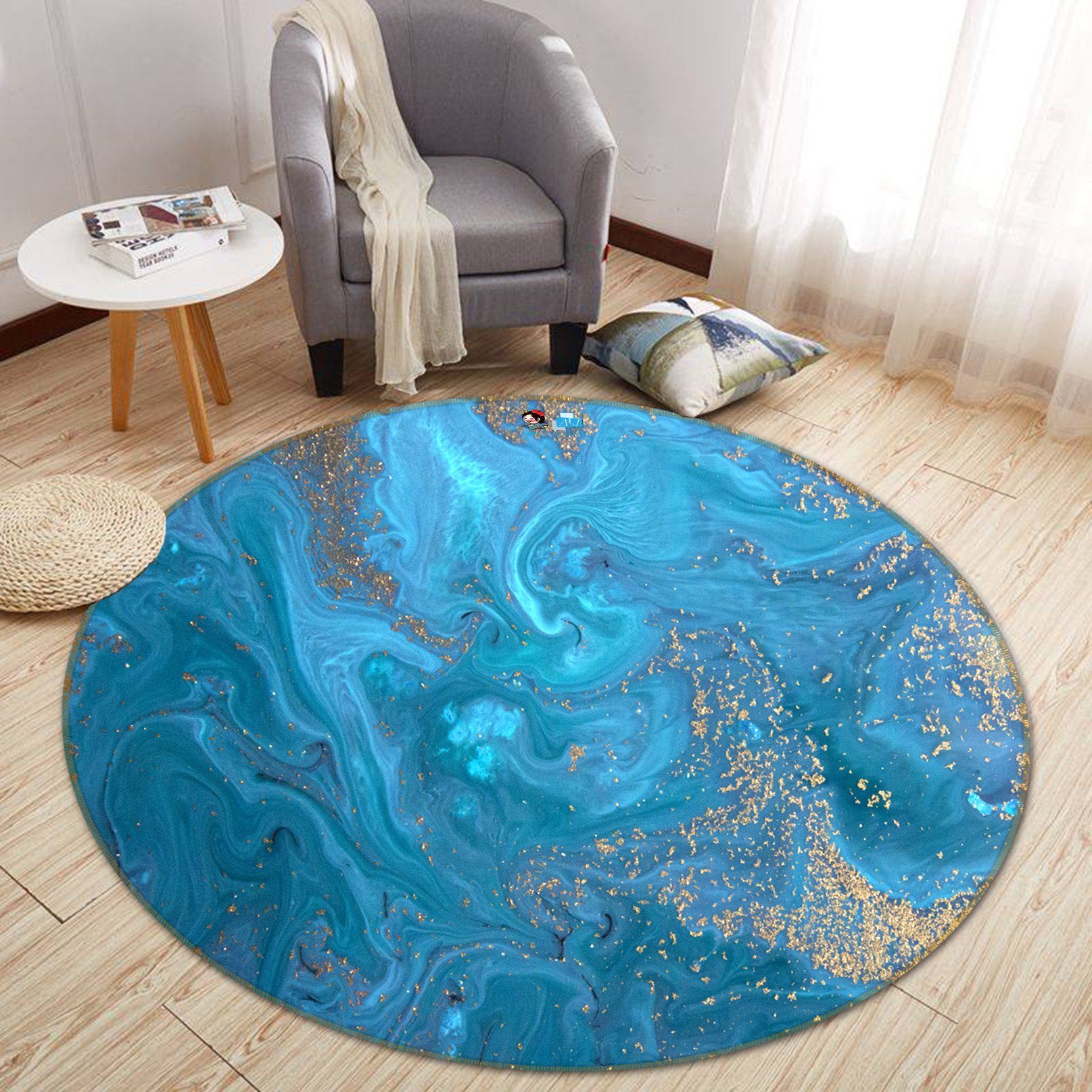 3D Blue Background Flowing 106 Round Non Slip Rug Mat Mat AJ Creativity Home