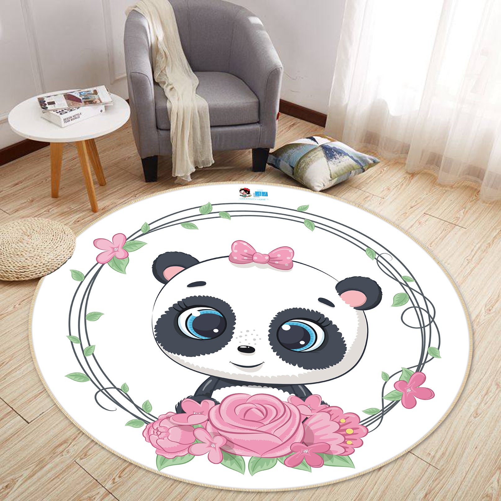 3D Pink Flower Panda 75004 Round Non Slip Rug Mat
