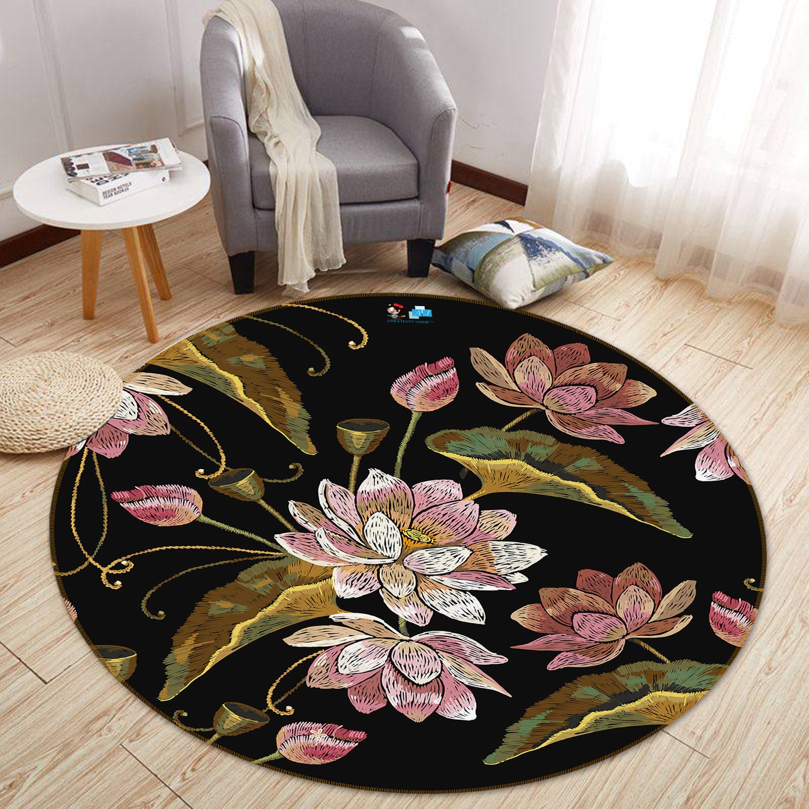 3D Flowers Lotus 69233 Round Non Slip Rug Mat