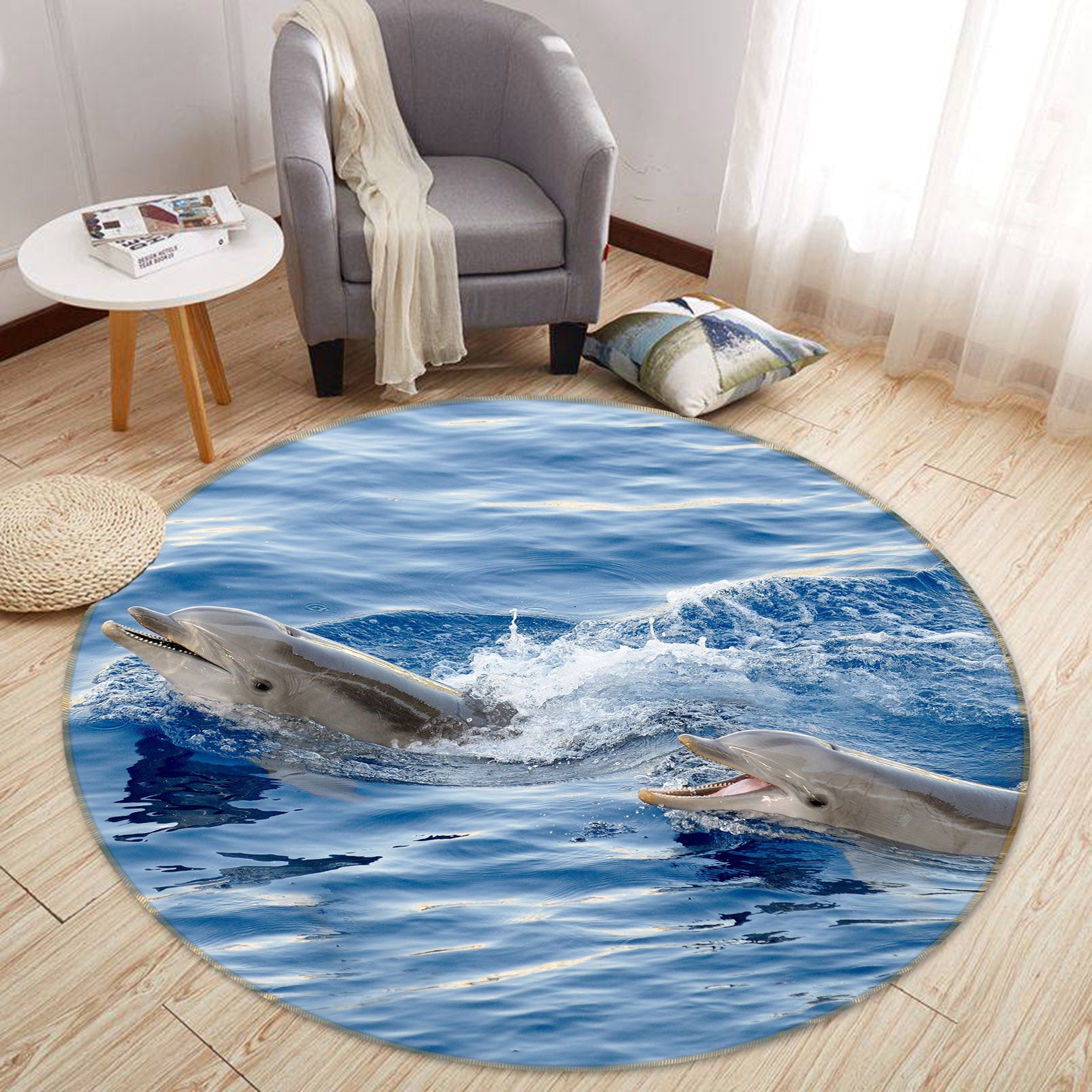 3D Two Dolphins 38016 Animal Round Non Slip Rug Mat