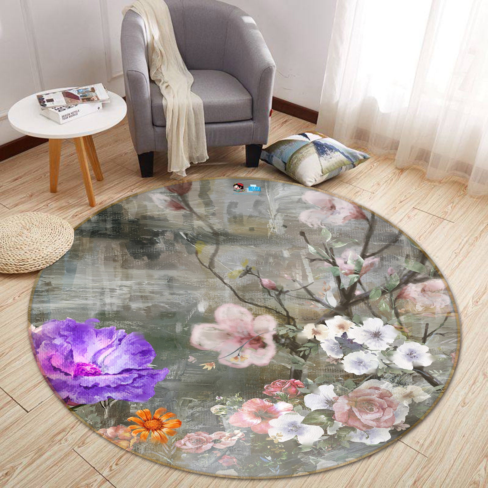 3D Flower Branch 71252 Round Non Slip Rug Mat