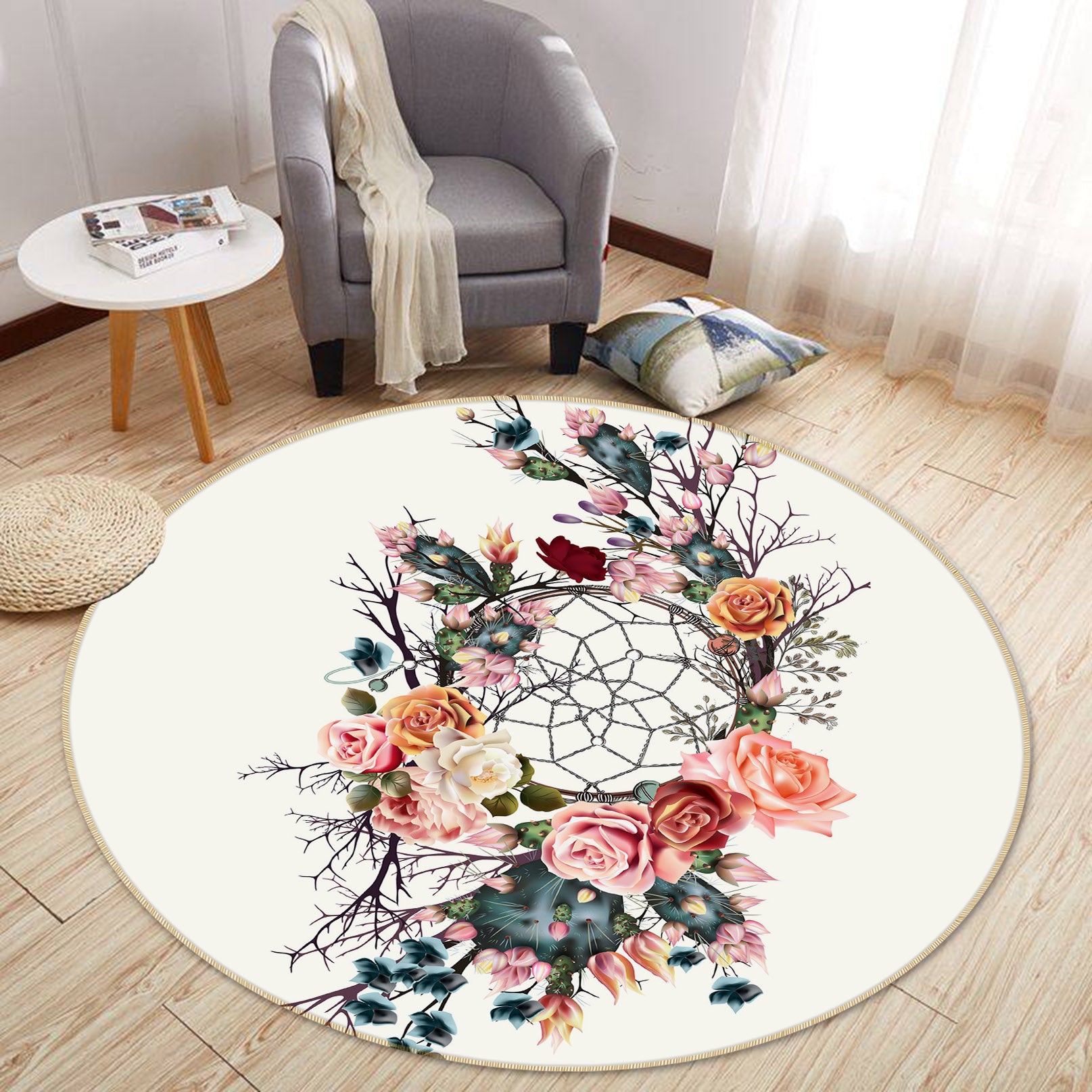 3D Flower Dream Catcher 29037 Round Non Slip Rug Mat