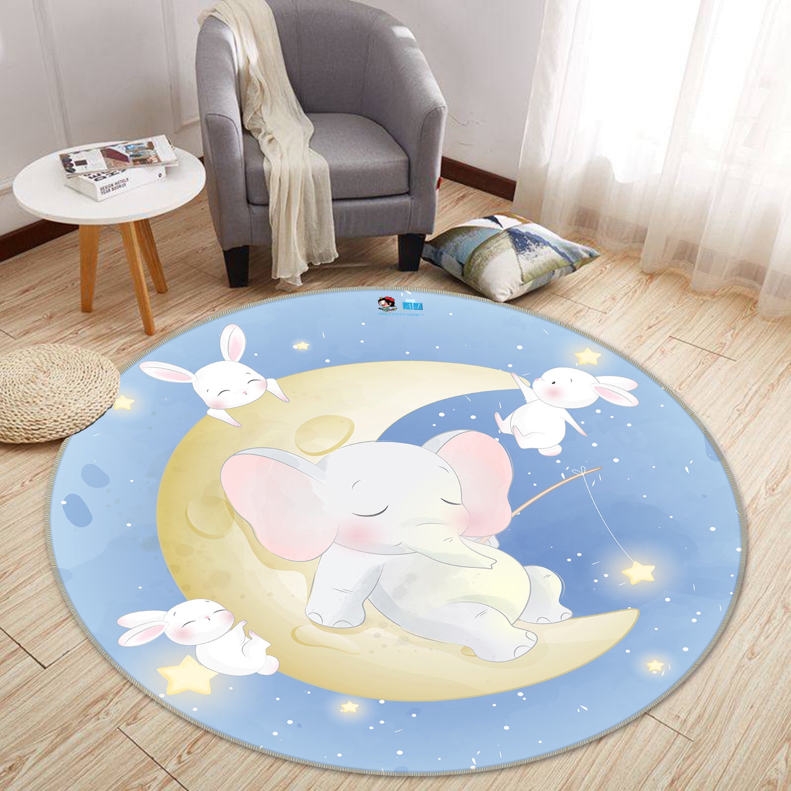 3D Moon Elephant 75025 Round Non Slip Rug Mat