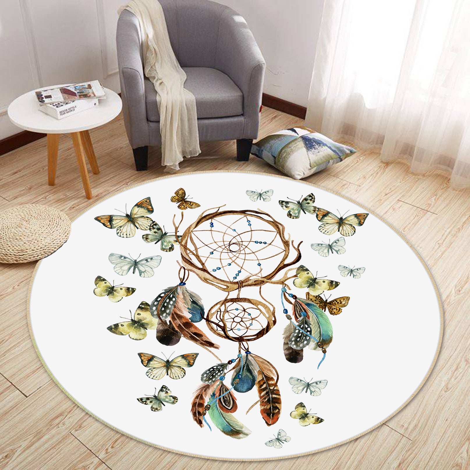 3D Butterfly Dream Catcher 29093 Round Non Slip Rug Mat