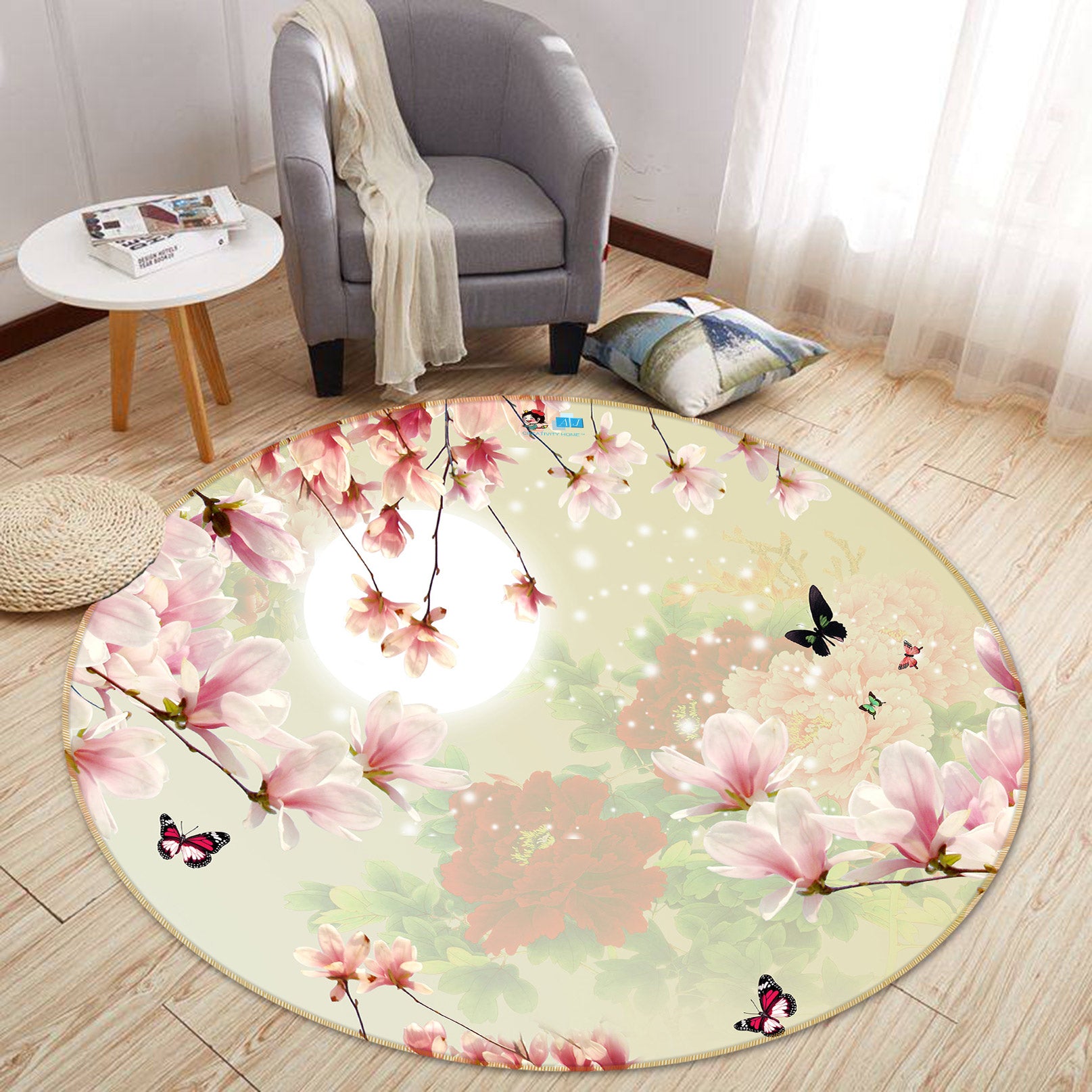 3D Pink Flower Branch Butterfly 81016 Round Non Slip Rug Mat