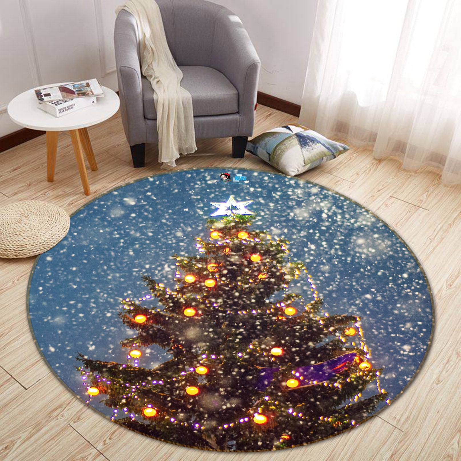 3D Tree Snowing 54183 Christmas Round Non Slip Rug Mat Xmas