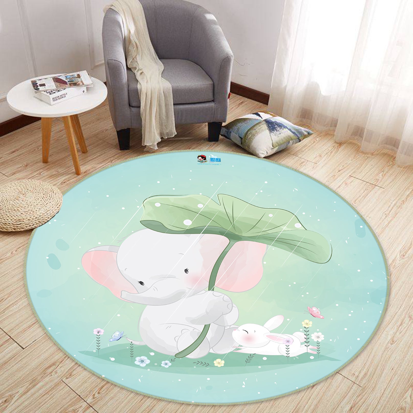 3D Elephant Lotus Leaf 74226 Round Non Slip Rug Mat