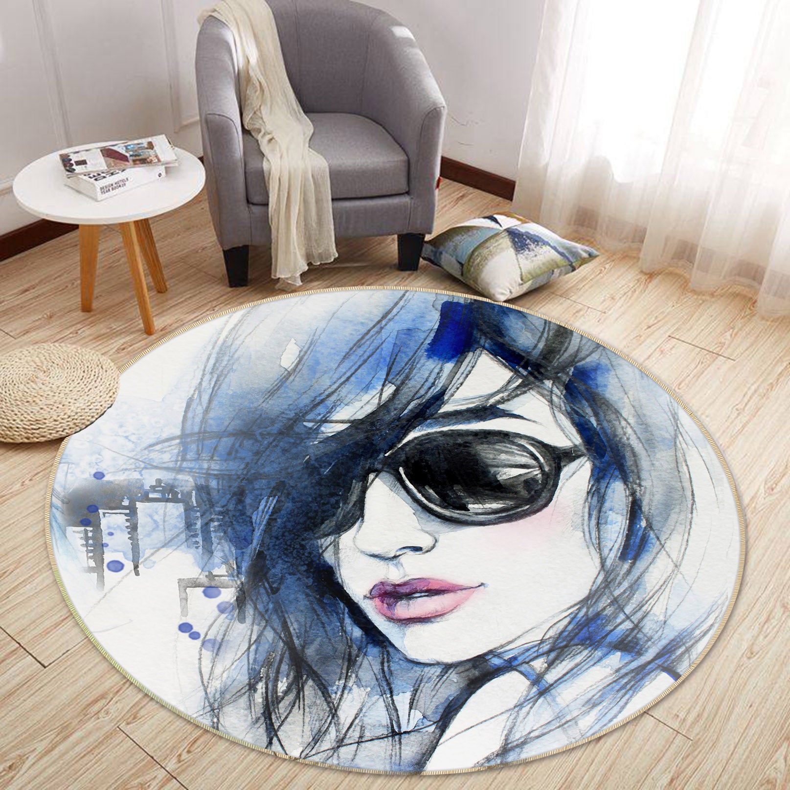 3D Sunglasses Pretty Girl 37020 Round Non Slip Rug Mat