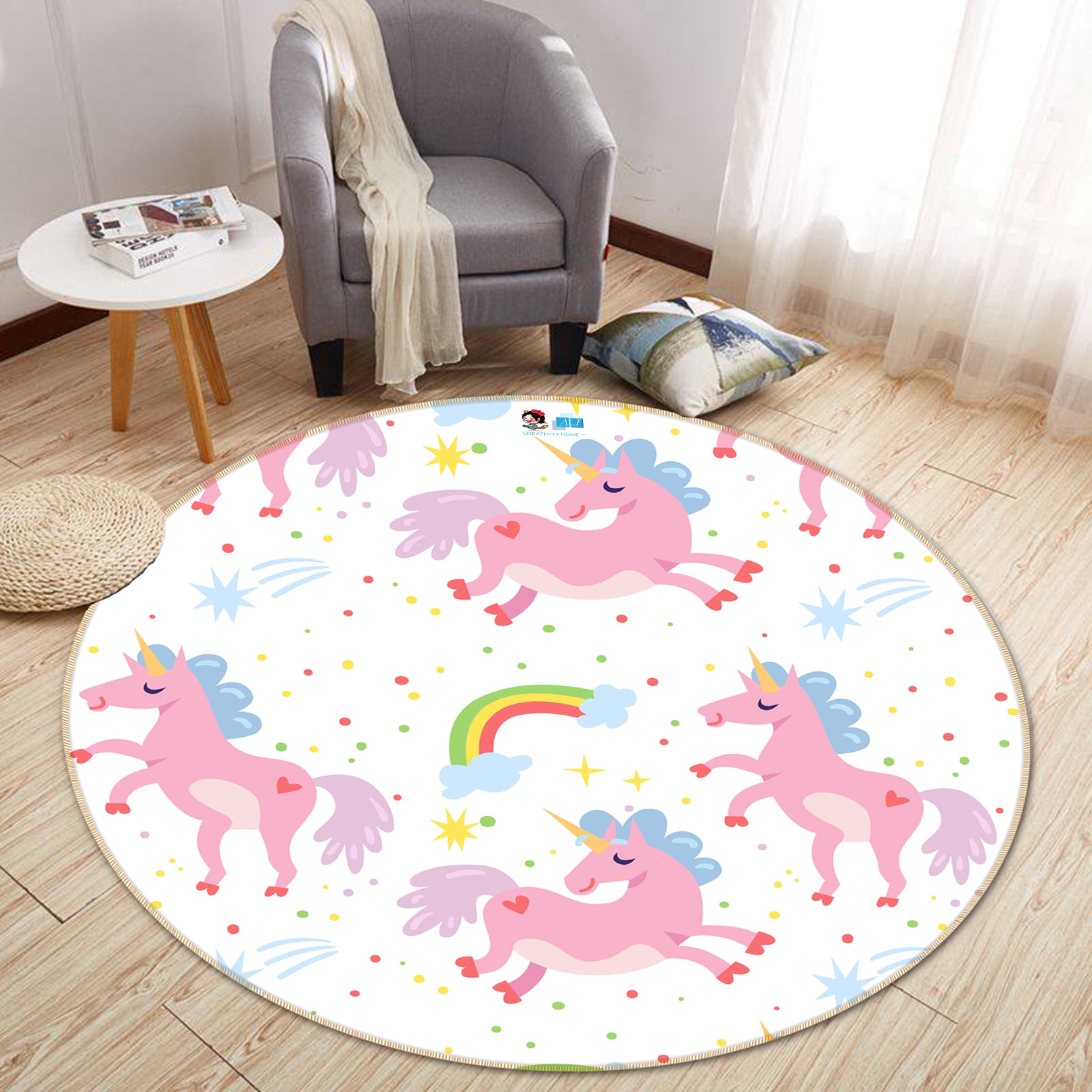 3D Pink Unicorn Pattern 81124 Round Non Slip Rug Mat