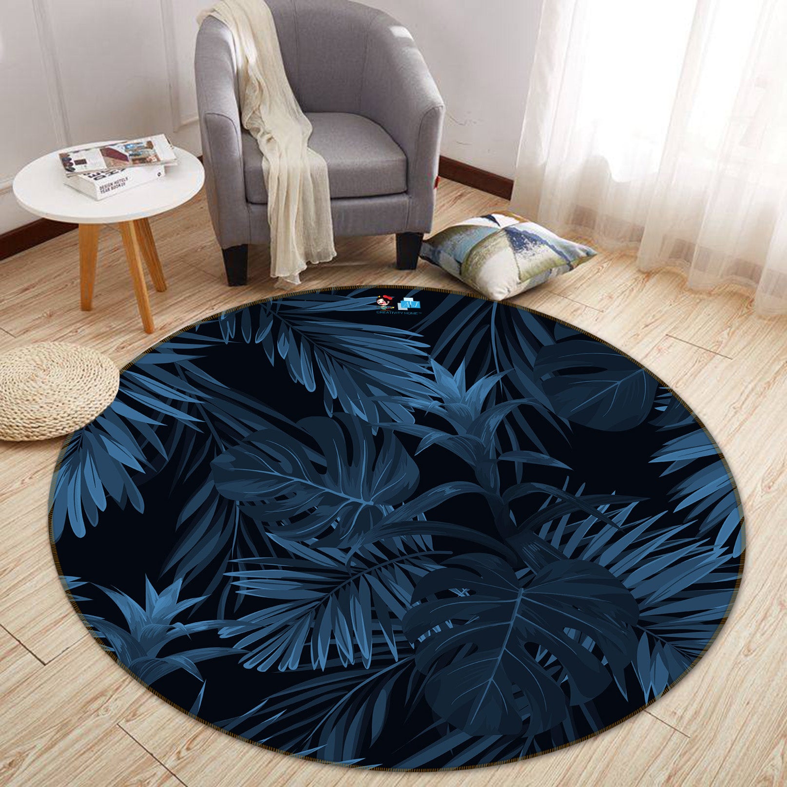 3D Dark Leaves 69226 Round Non Slip Rug Mat