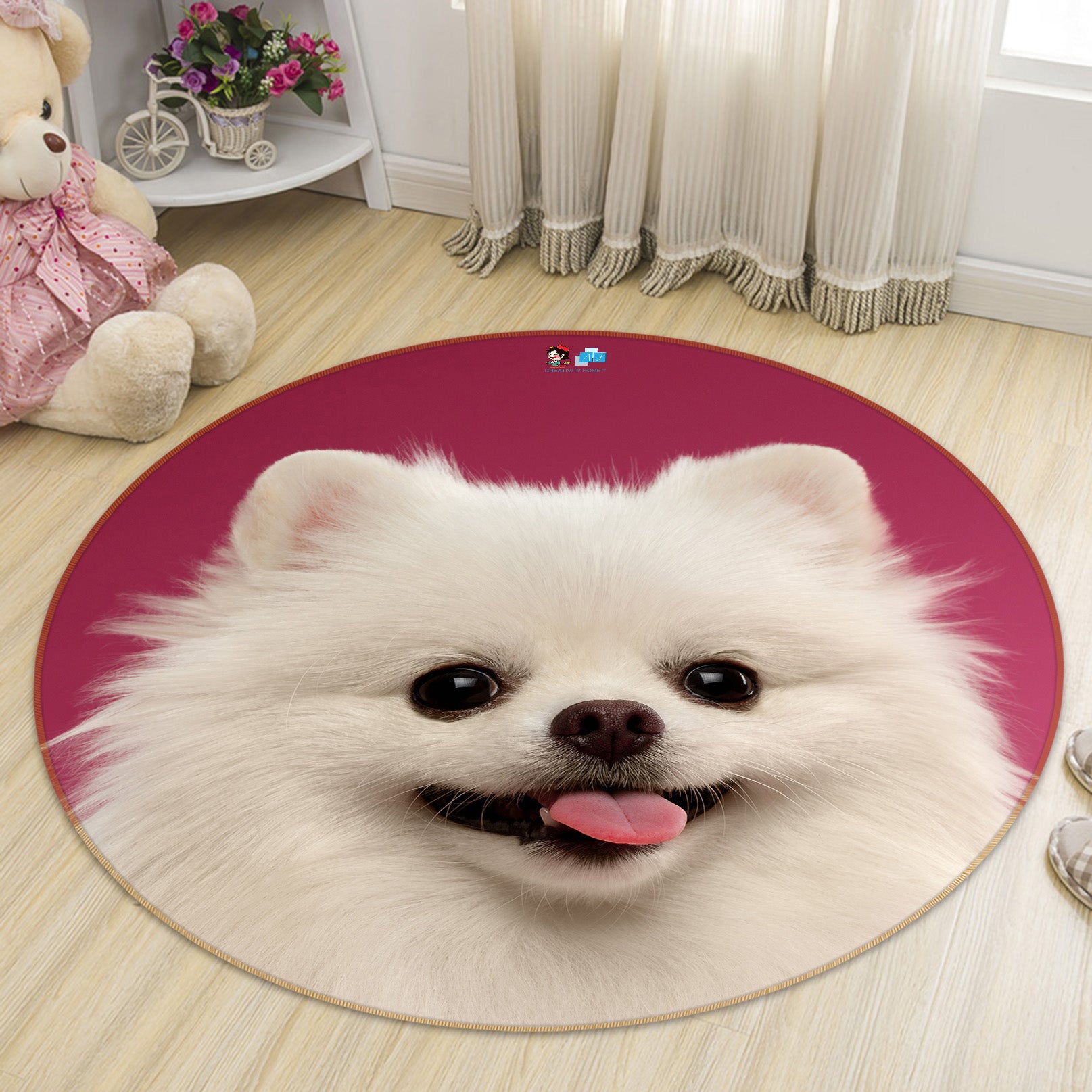 3D White Dog 74162 Round Non Slip Rug Mat