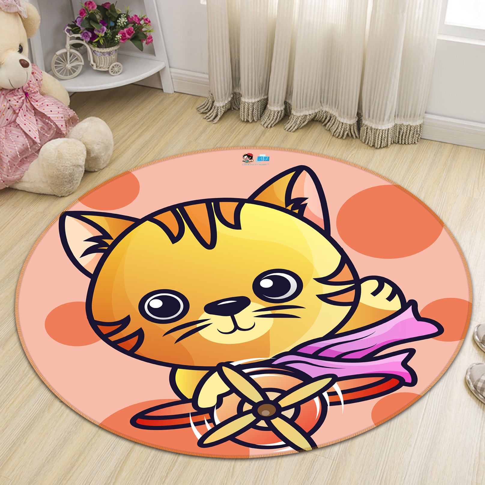 3D Cartoon Yellow Cat 74269 Round Non Slip Rug Mat